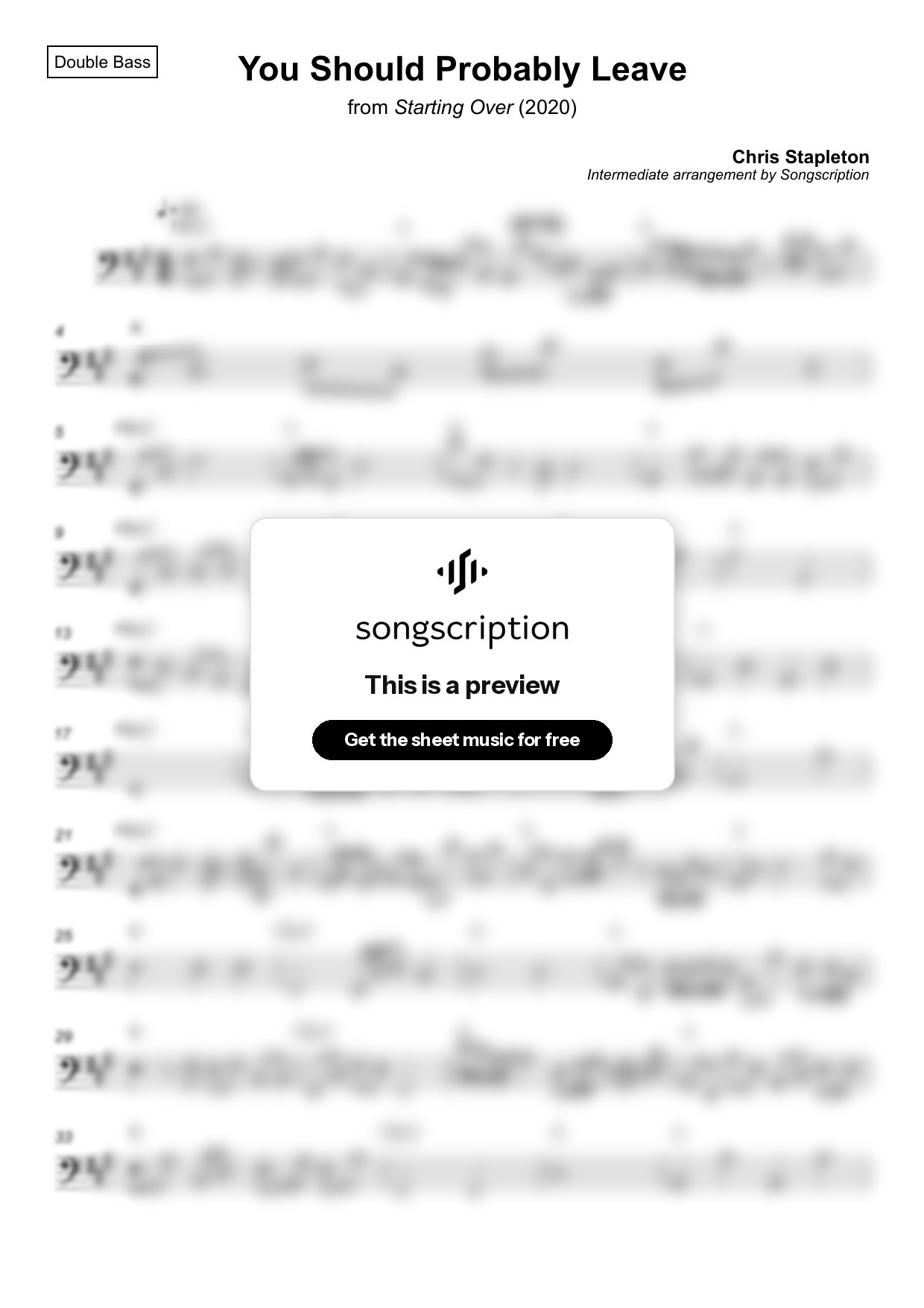 Intermediate Double Bass Sheet Music for "You Should Probably Leave" by Chris Stapleton
