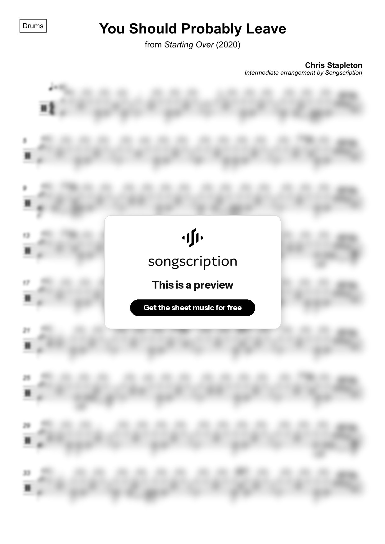 Intermediate Drums Sheet Music for "You Should Probably Leave" by Chris Stapleton