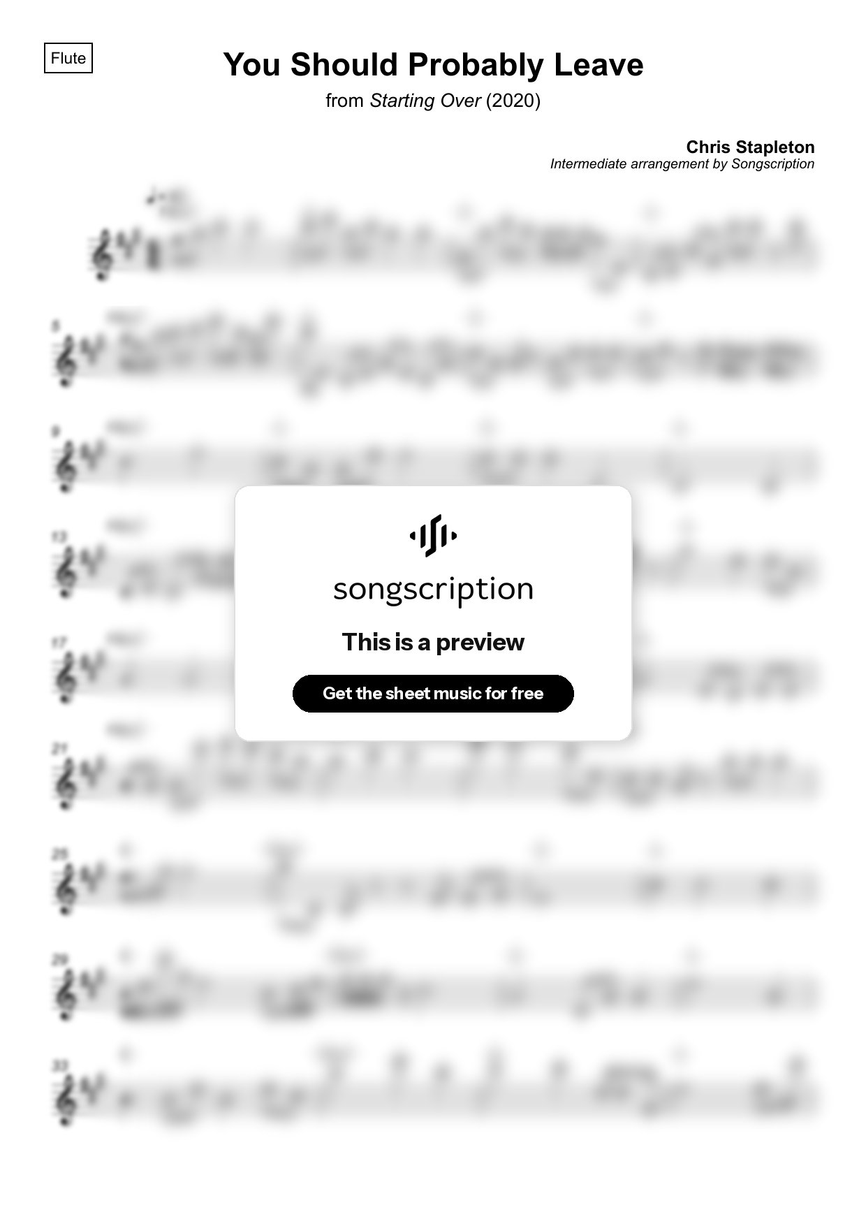 Intermediate Flute Sheet Music for "You Should Probably Leave" by Chris Stapleton