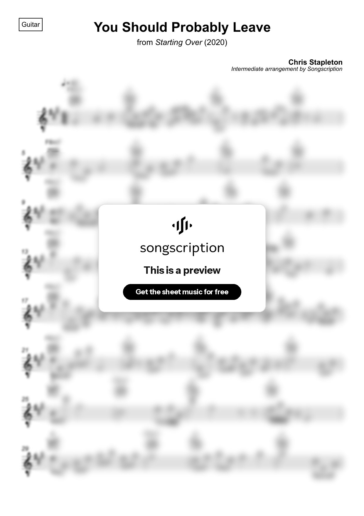 Intermediate Acoustic Guitar Sheet Music for "You Should Probably Leave" by Chris Stapleton
