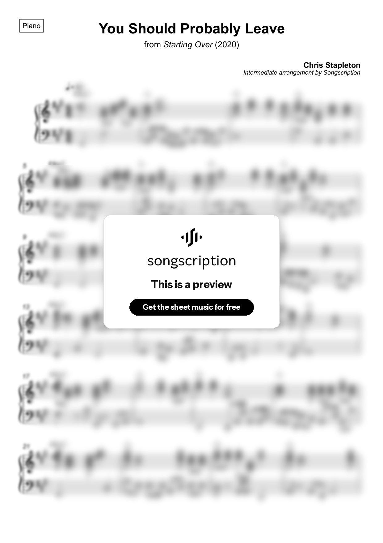 Intermediate Piano Sheet Music for "You Should Probably Leave" by Chris Stapleton