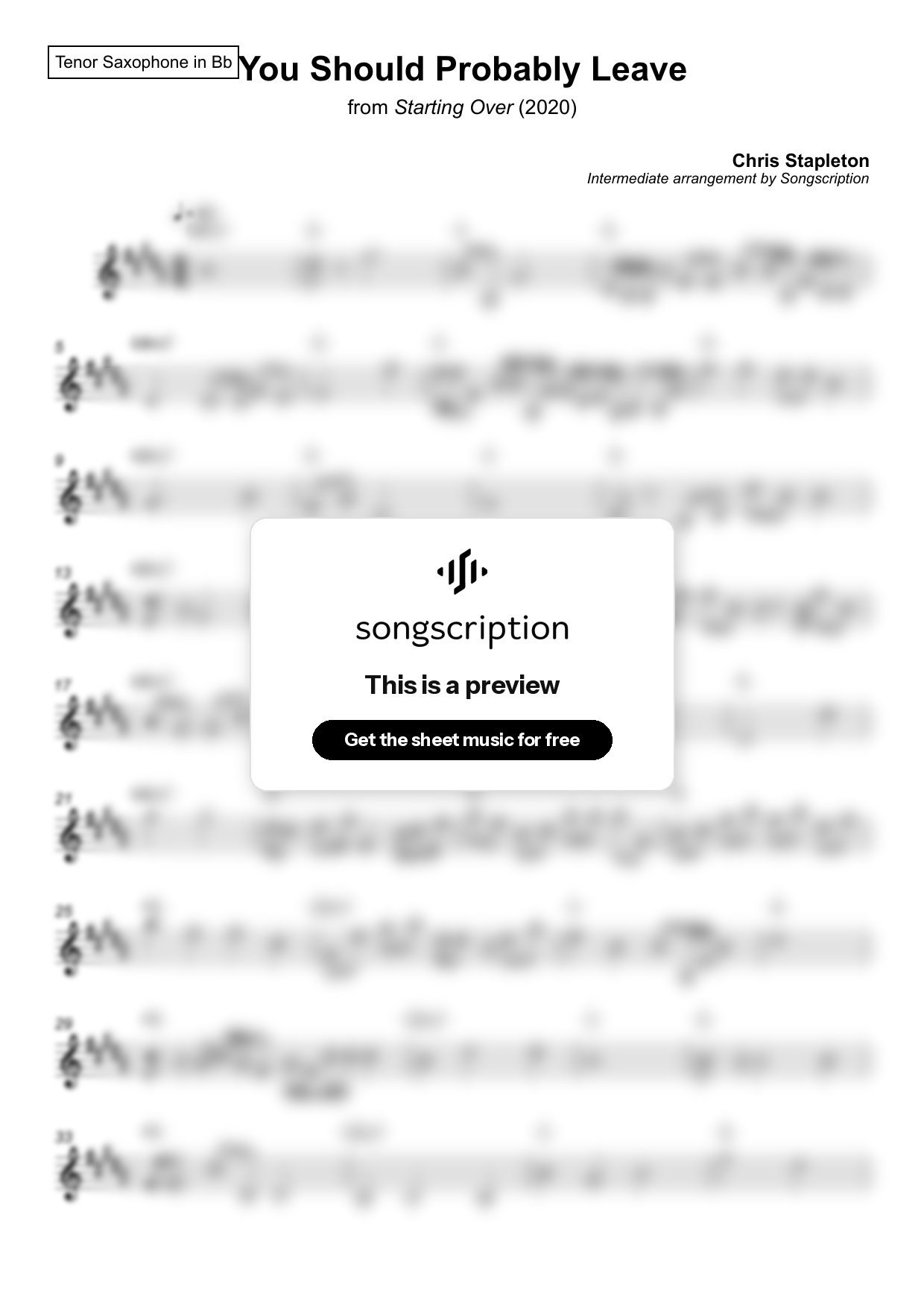 Intermediate Tenor Sax Sheet Music for "You Should Probably Leave" by Chris Stapleton