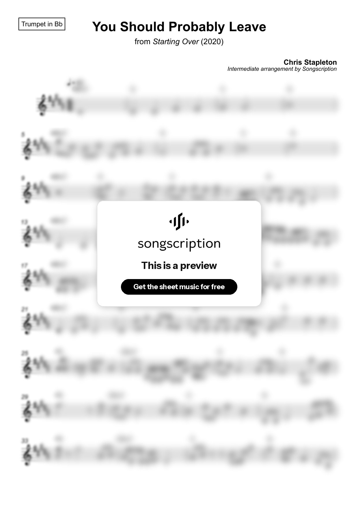 Intermediate Trumpet Sheet Music for "You Should Probably Leave" by Chris Stapleton