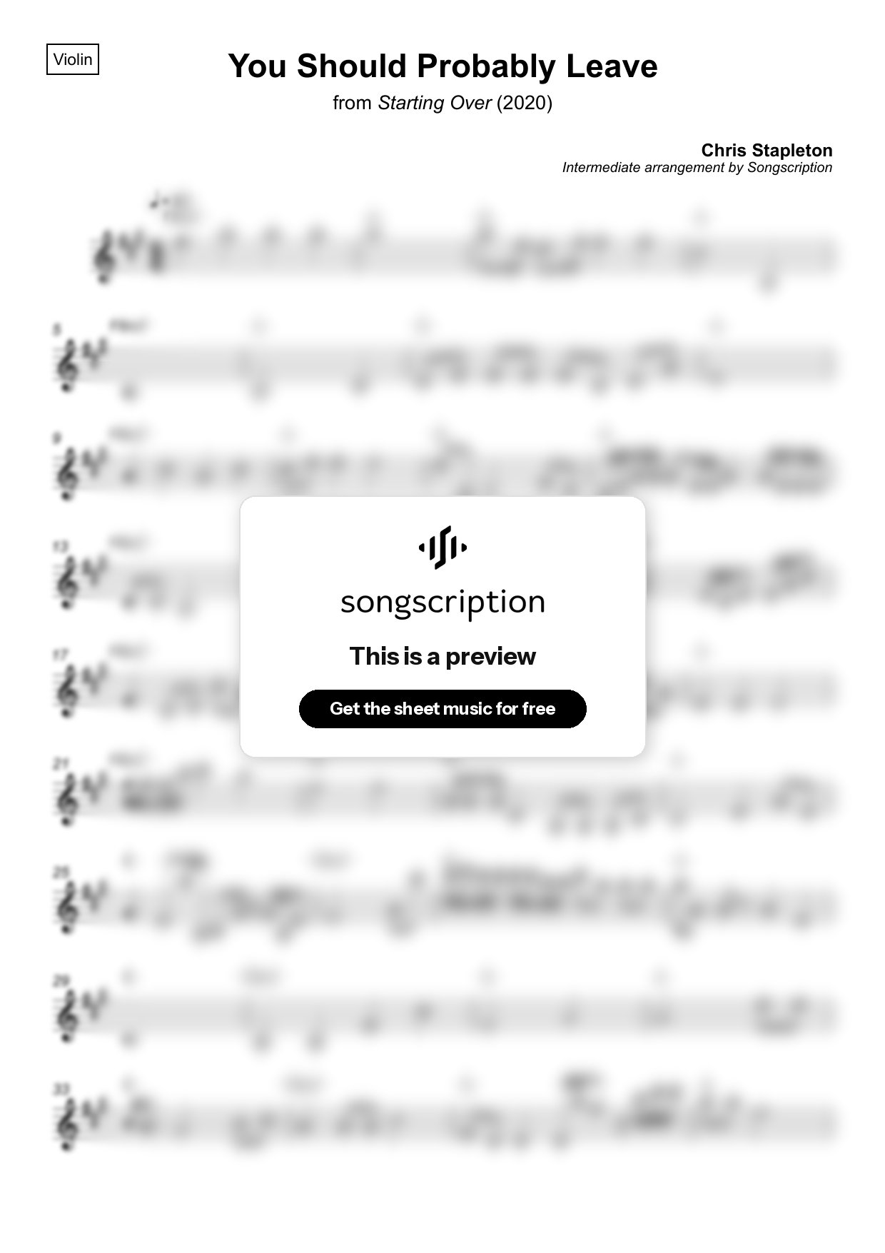 Intermediate Violin Sheet Music for "You Should Probably Leave" by Chris Stapleton
