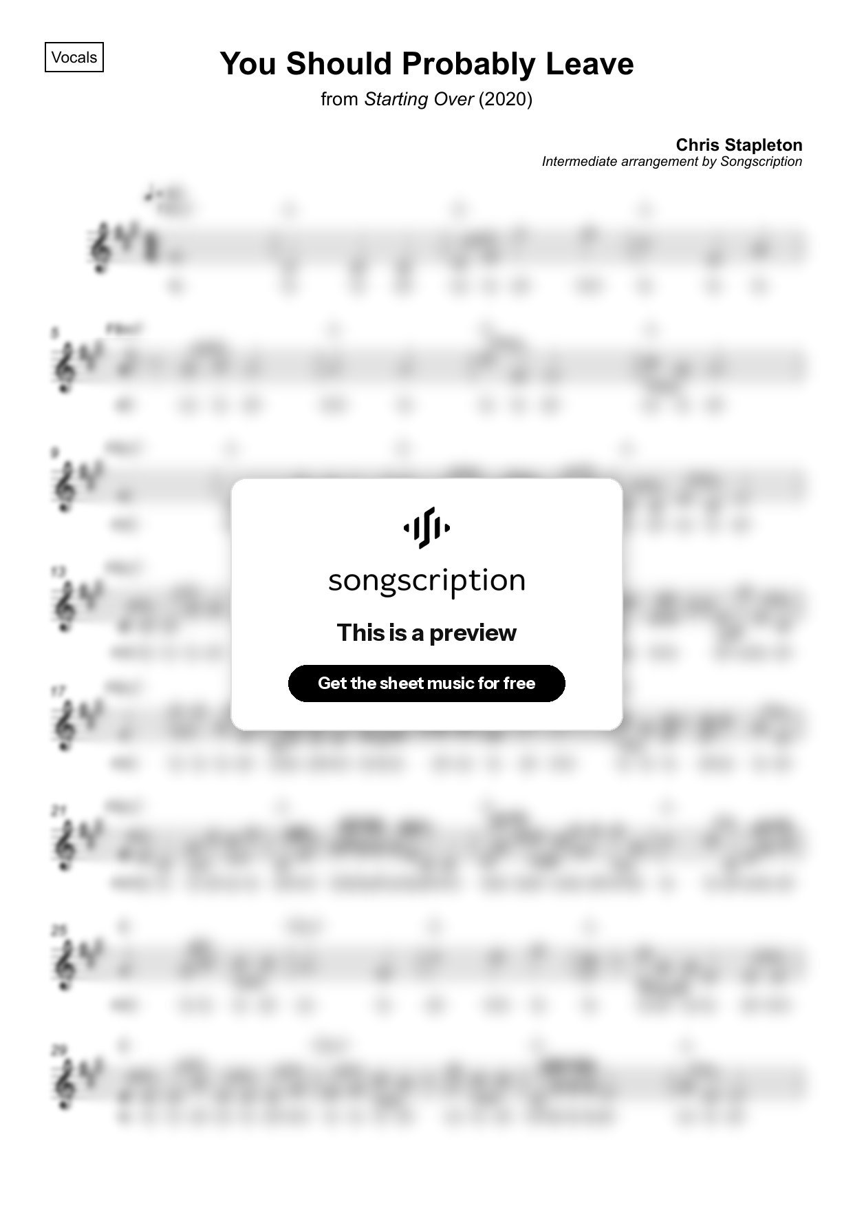 Intermediate Vocals Sheet Music for "You Should Probably Leave" by Chris Stapleton
