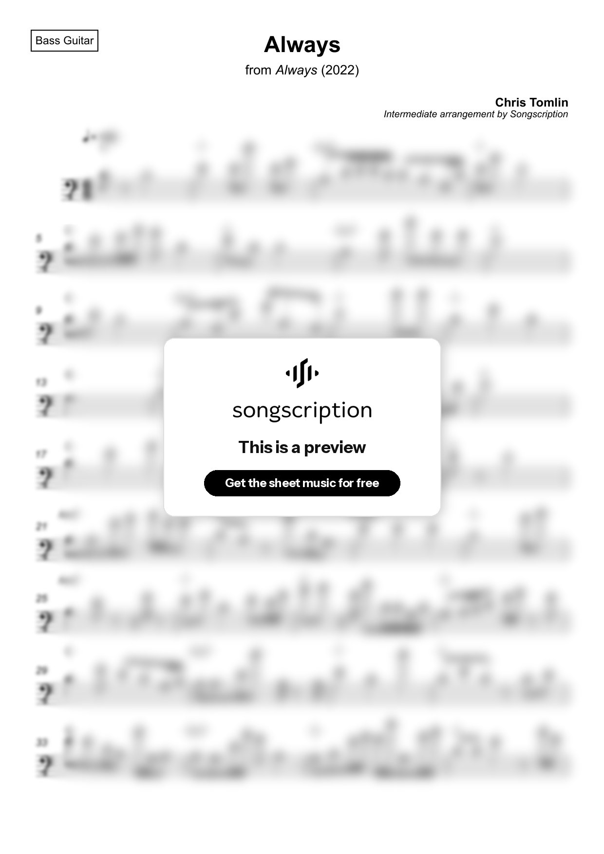 Intermediate Bass Guitar Sheet Music for "Always" by Chris Tomlin