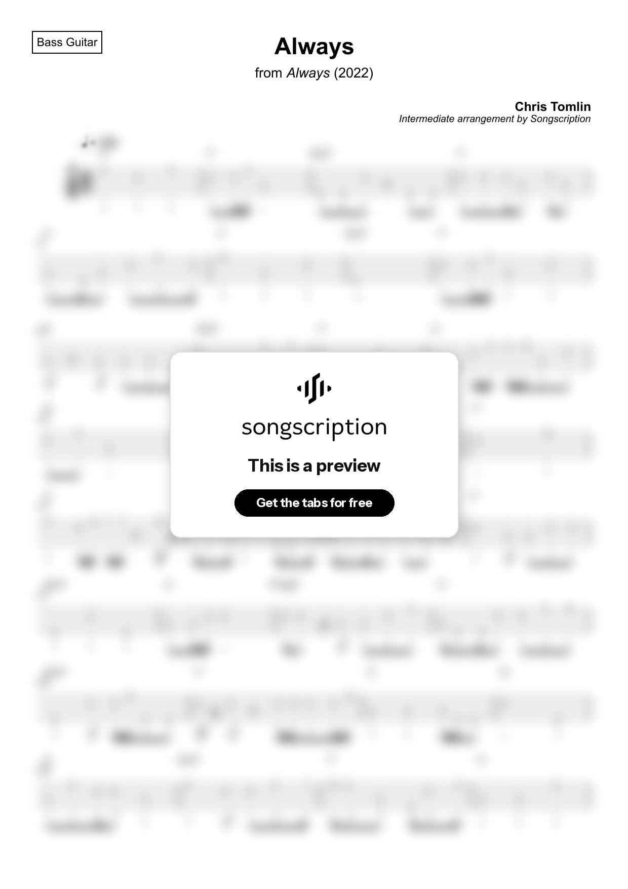 Intermediate Bass Guitar Tabs for "Always" by Chris Tomlin