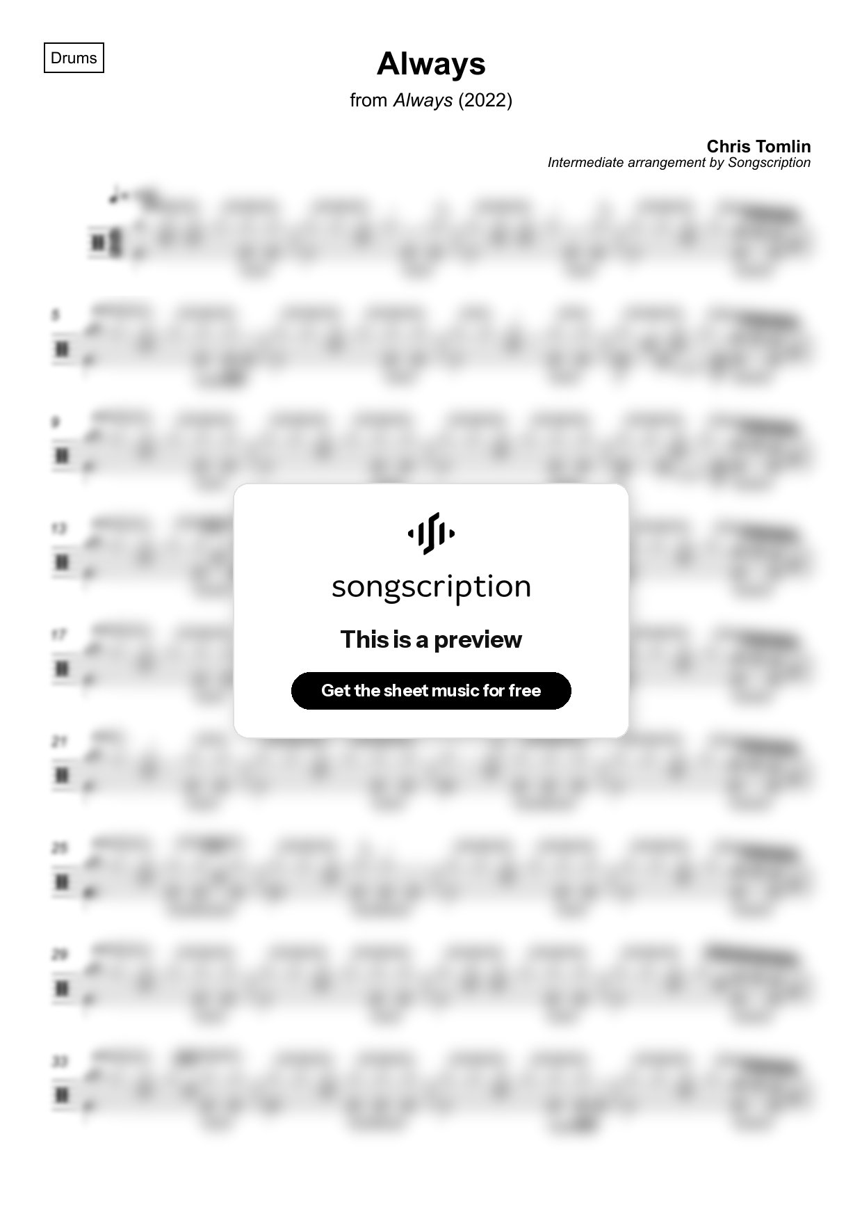 Intermediate Drums Sheet Music for "Always" by Chris Tomlin