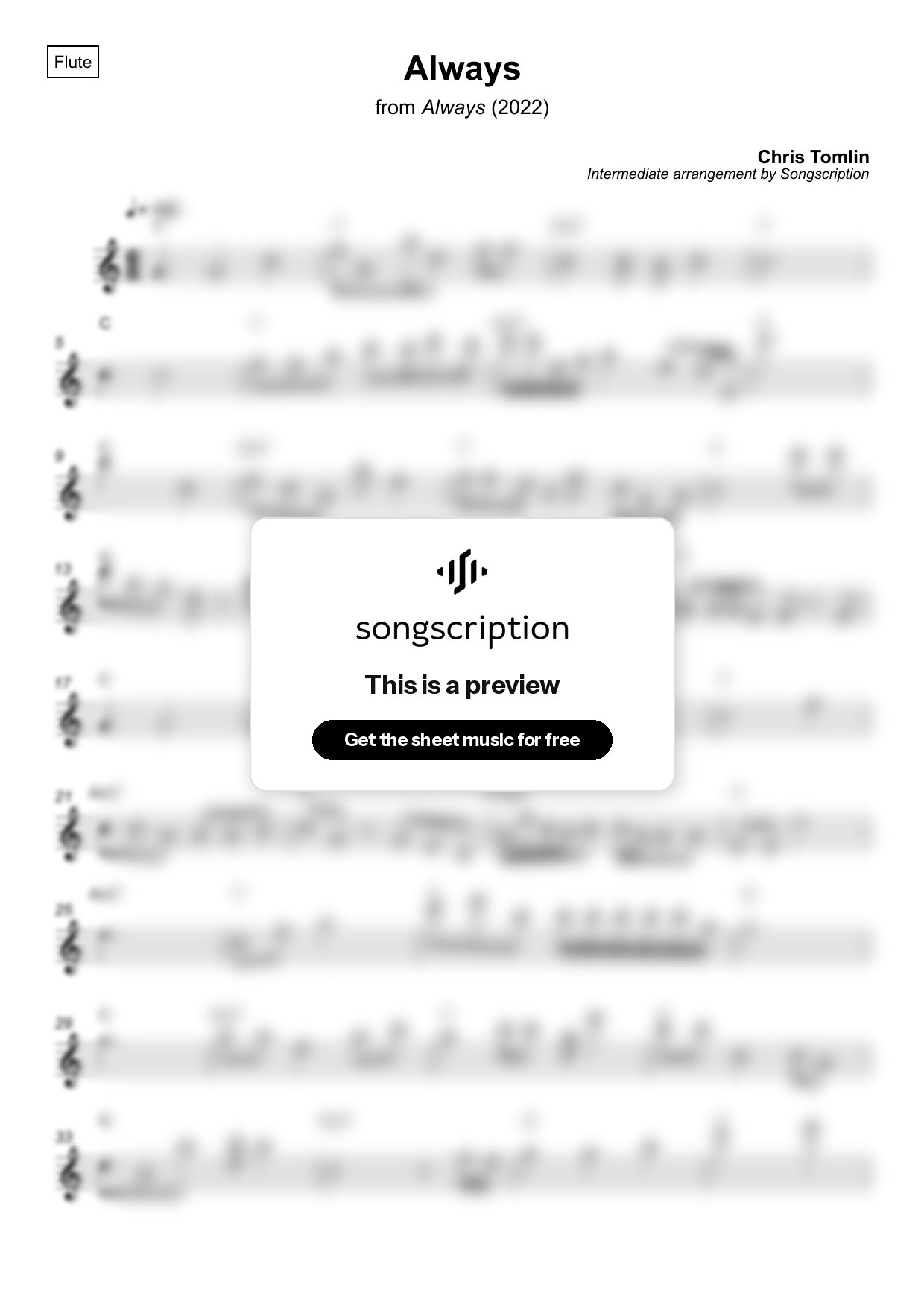Intermediate Flute Sheet Music for "Always" by Chris Tomlin