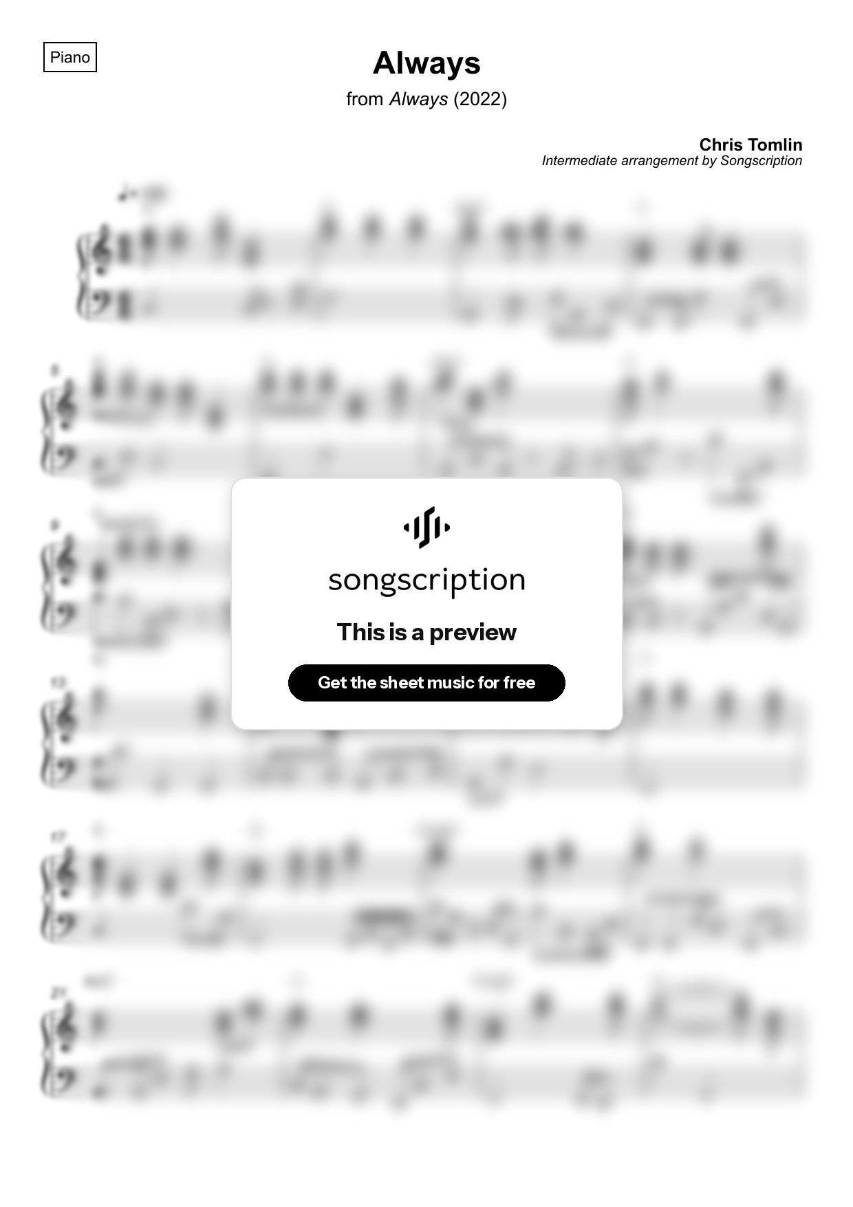 Intermediate Piano Sheet Music for "Always" by Chris Tomlin