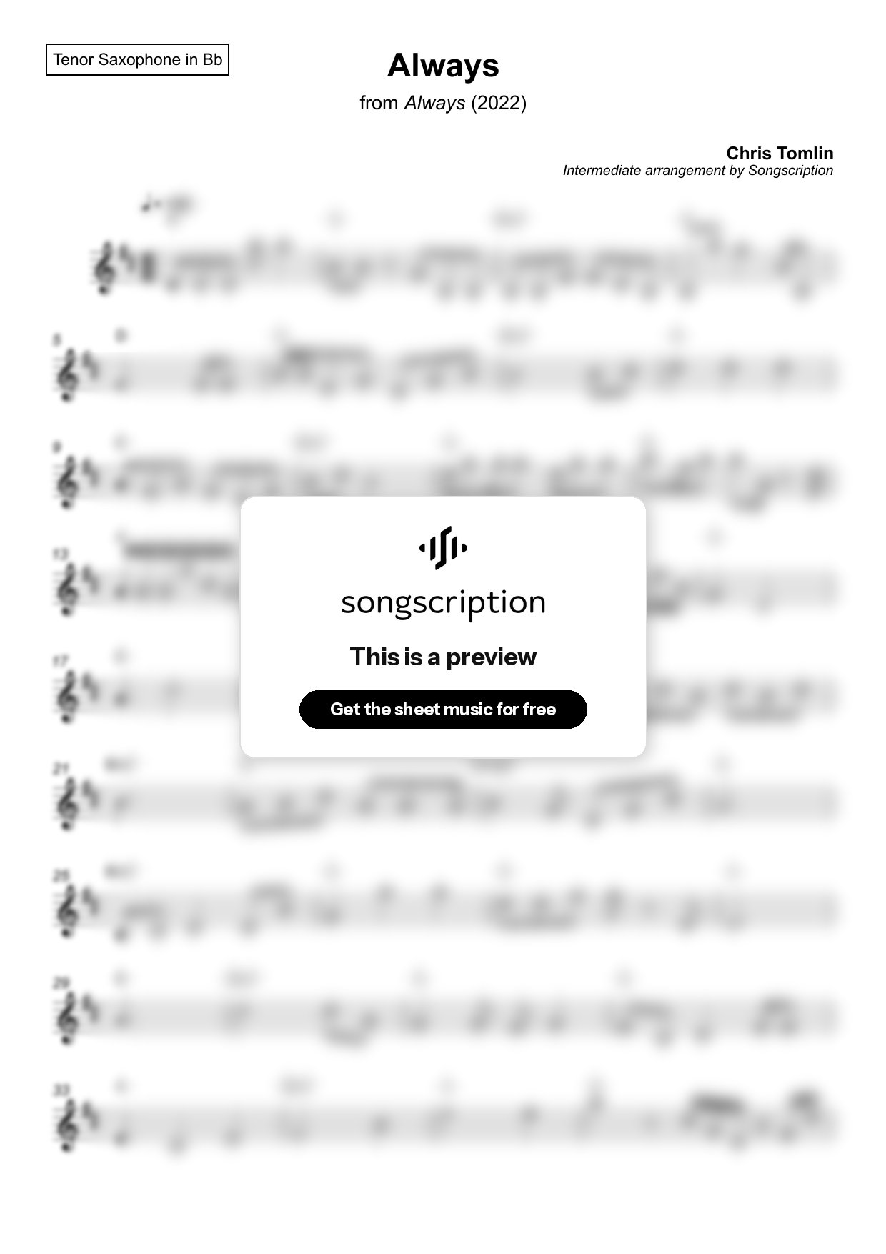Intermediate Tenor Sax Sheet Music for "Always" by Chris Tomlin