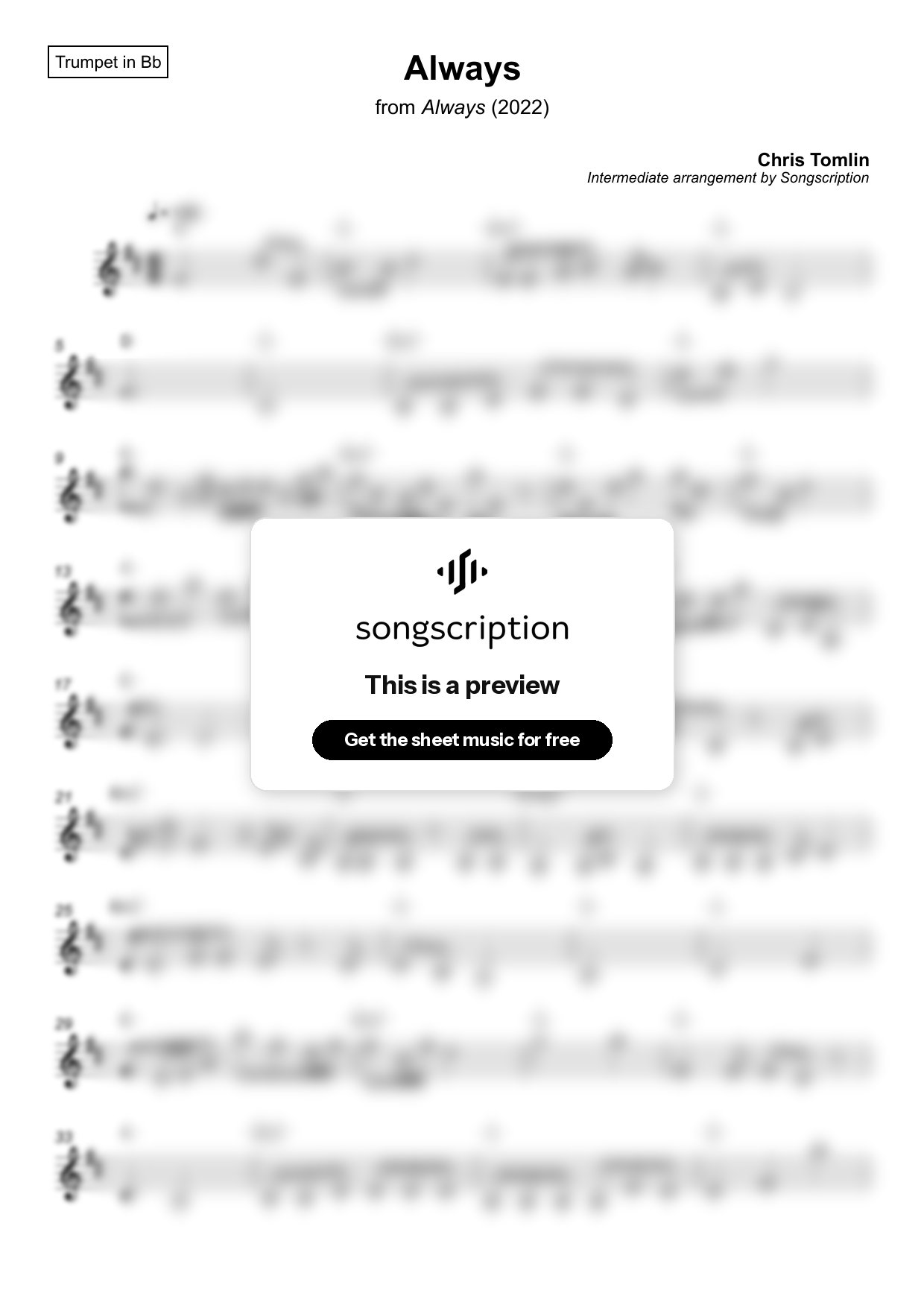 Intermediate Trumpet Sheet Music for "Always" by Chris Tomlin
