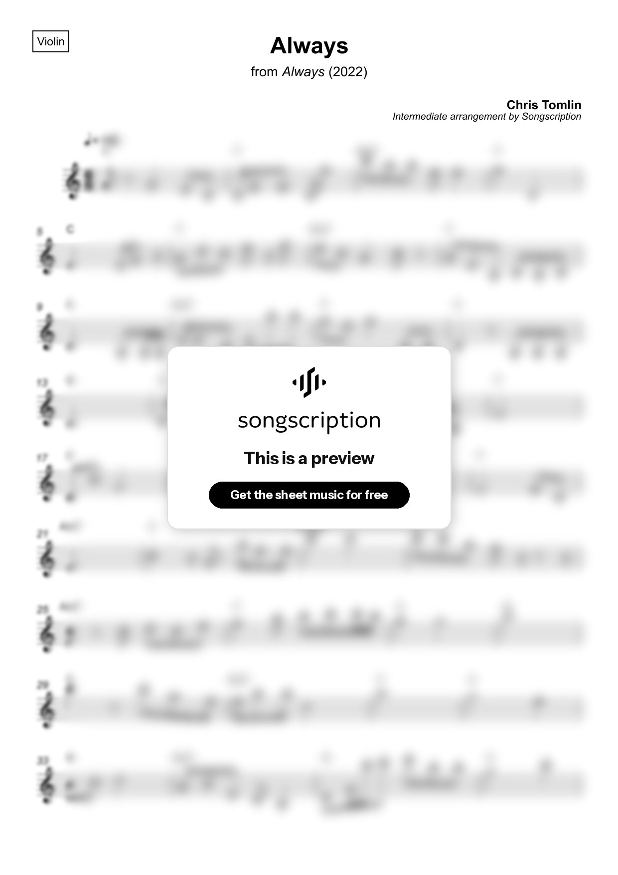Intermediate Violin Sheet Music for "Always" by Chris Tomlin