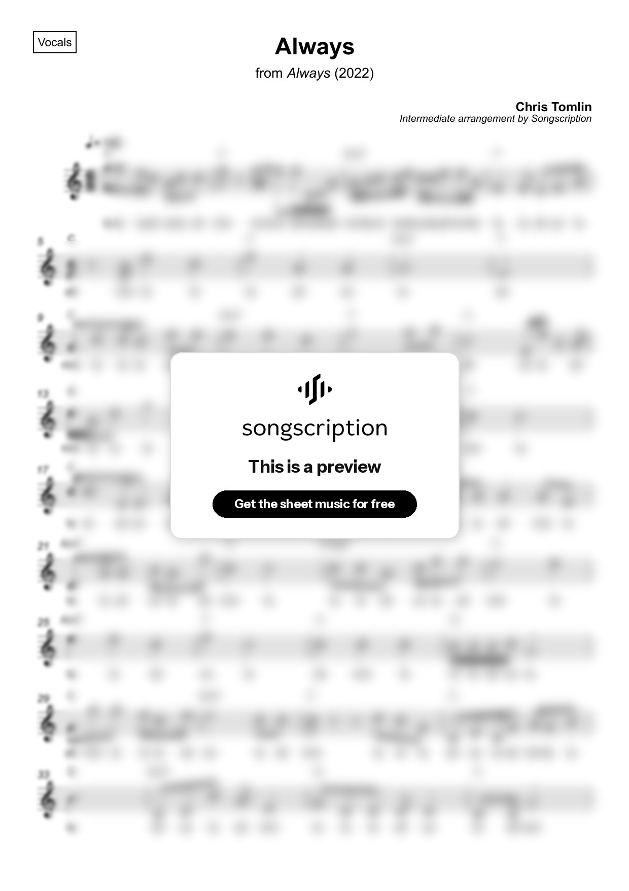 Intermediate Vocals Sheet Music for "Always" by Chris Tomlin