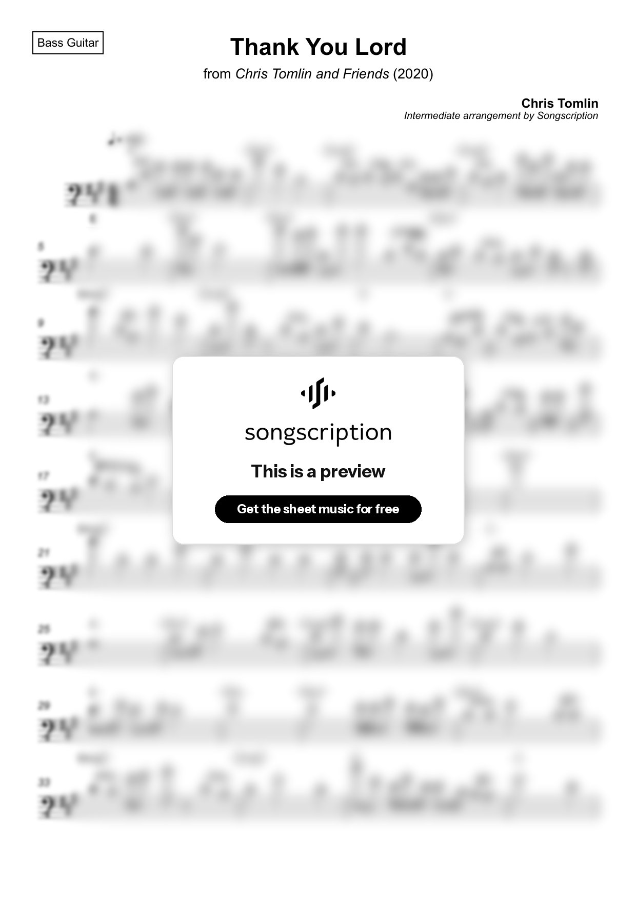Intermediate Bass Guitar Sheet Music for "Thank You Lord" by Chris Tomlin