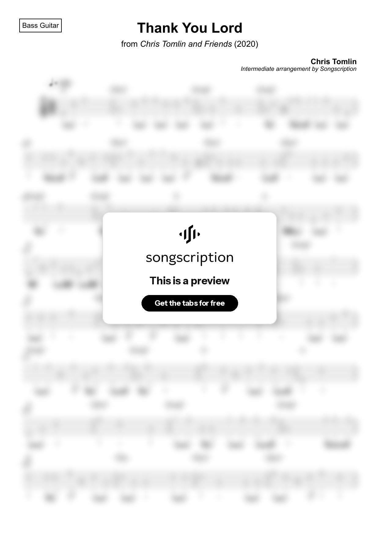 Intermediate Bass Guitar Tabs for "Thank You Lord" by Chris Tomlin