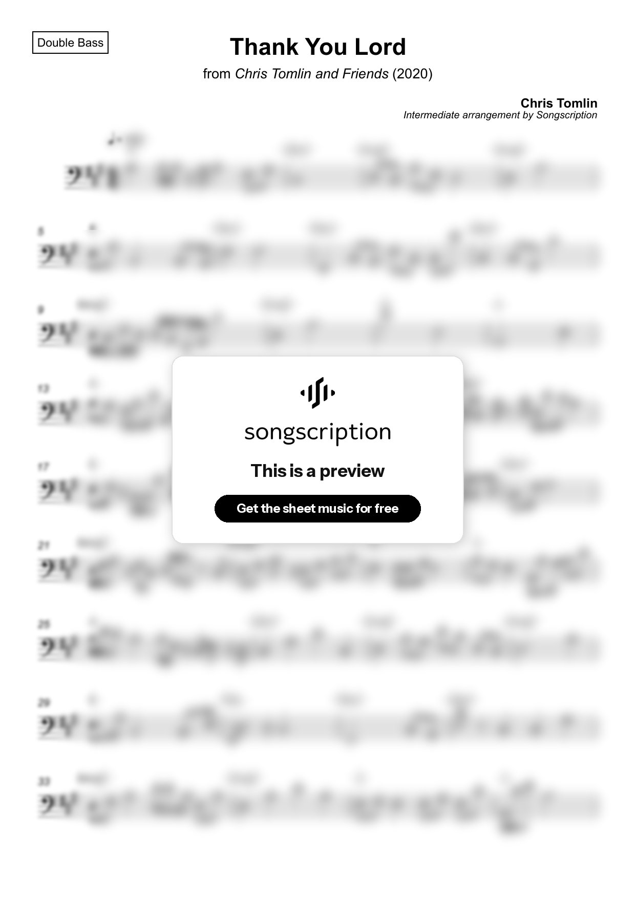 Intermediate Double Bass Sheet Music for "Thank You Lord" by Chris Tomlin