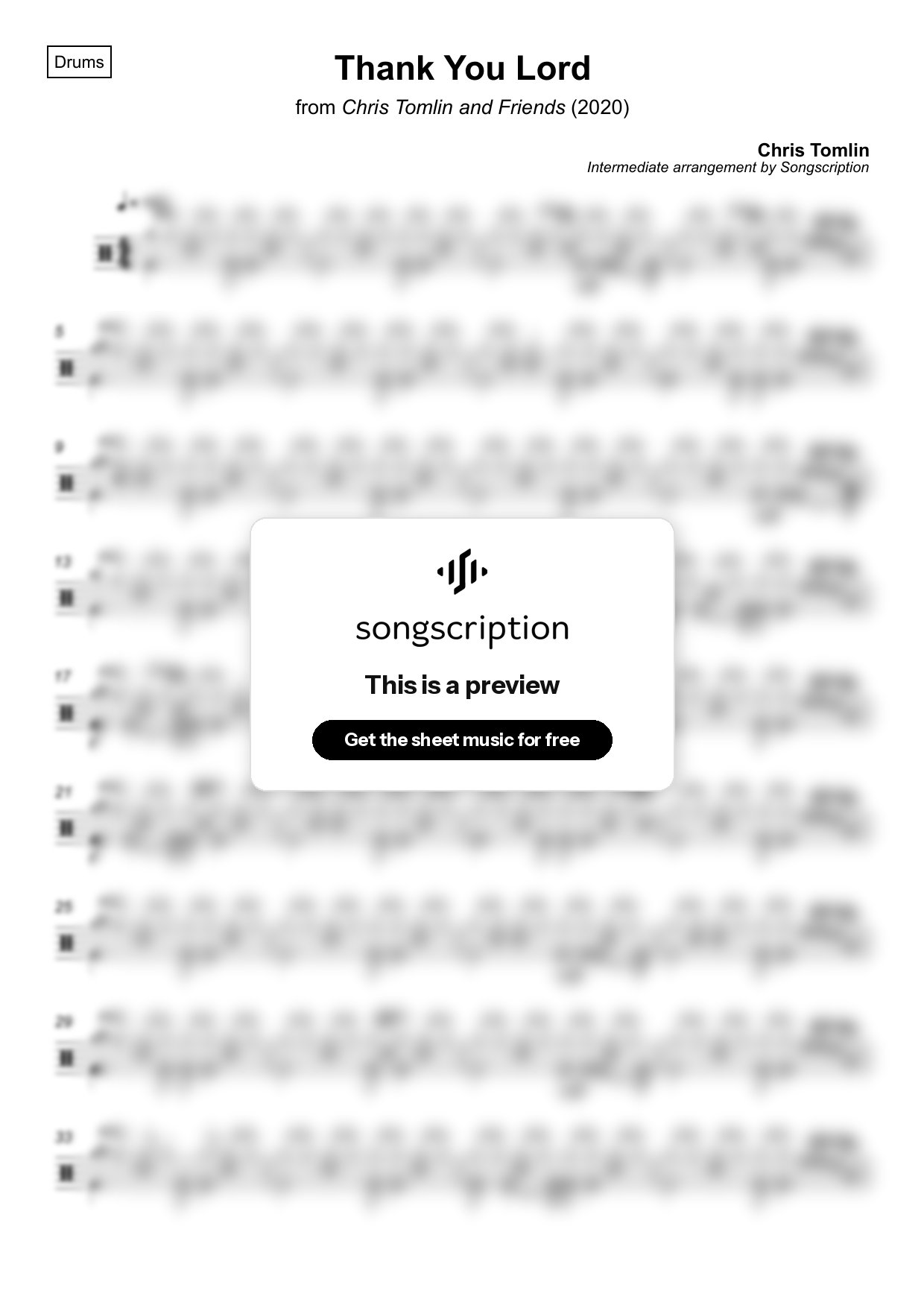 Intermediate Drums Sheet Music for "Thank You Lord" by Chris Tomlin
