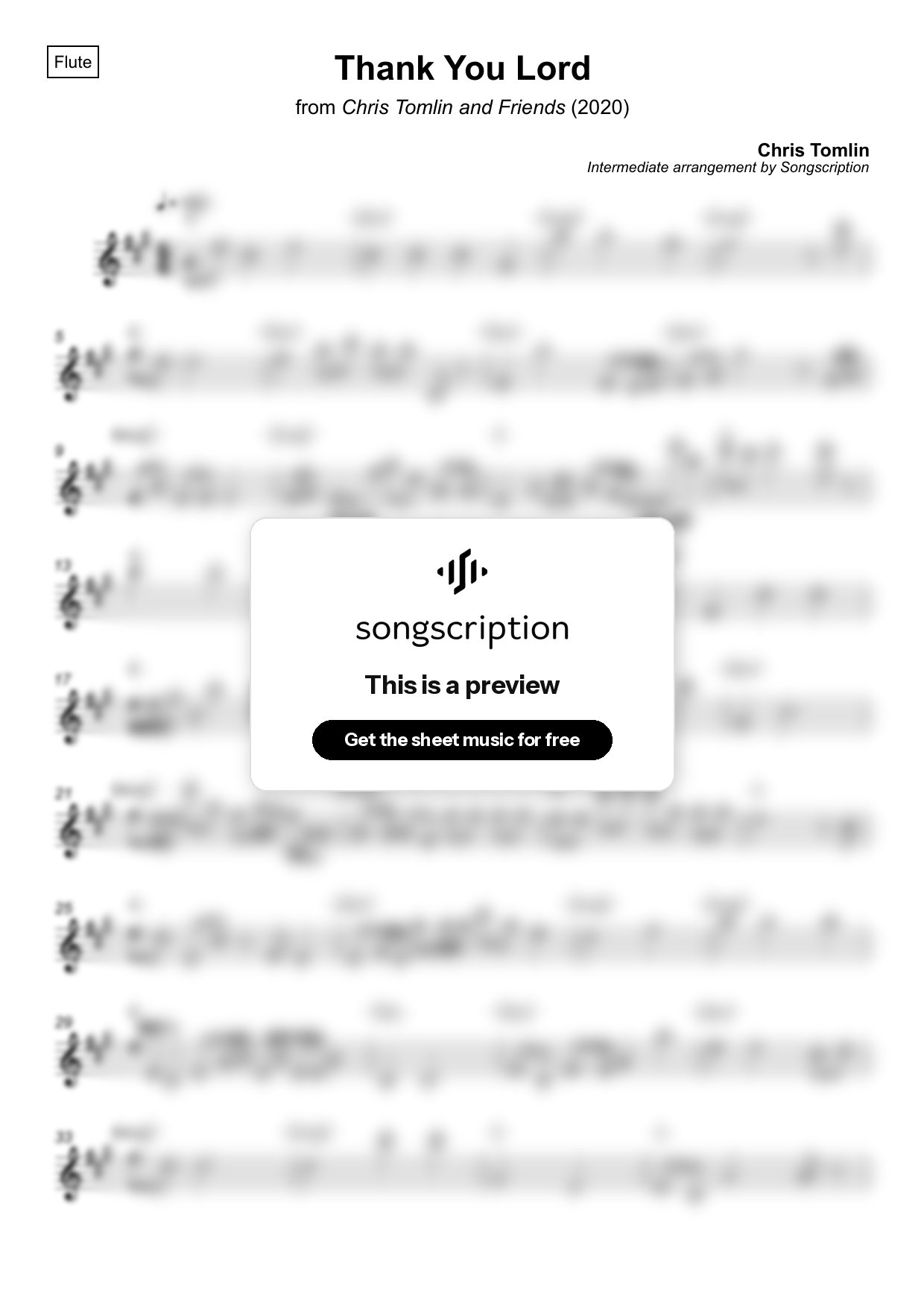 Intermediate Flute Sheet Music for "Thank You Lord" by Chris Tomlin