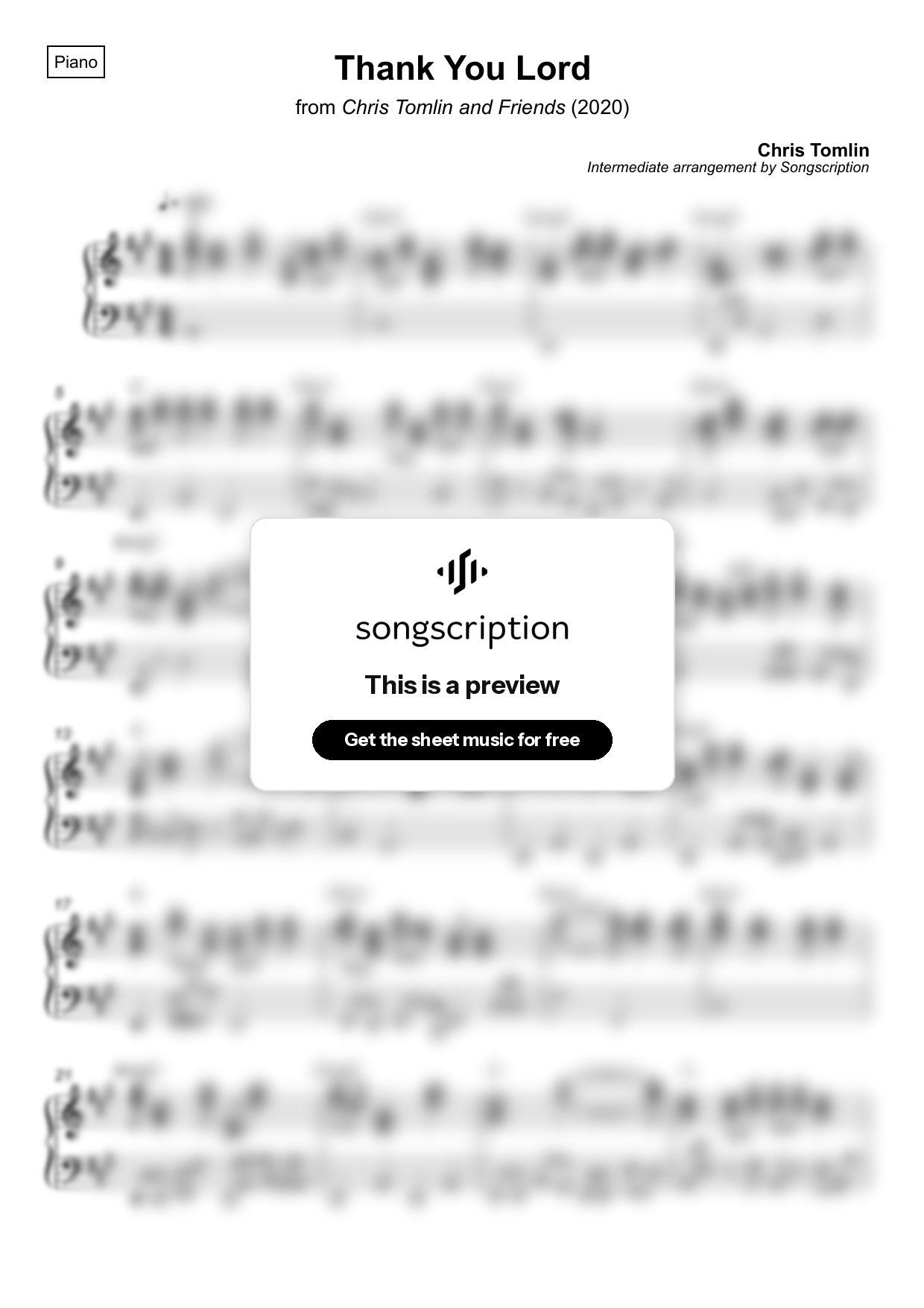 Intermediate Piano Sheet Music for "Thank You Lord" by Chris Tomlin