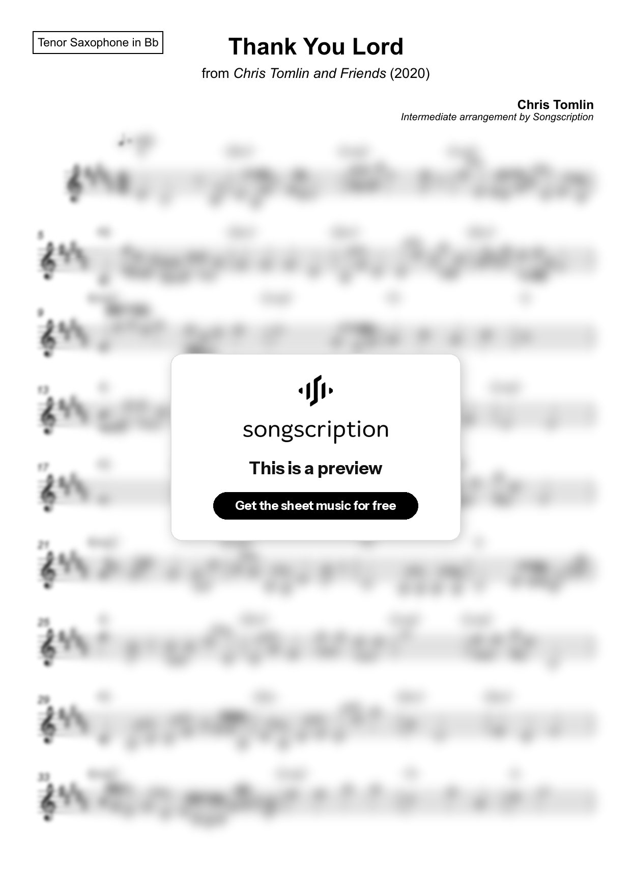 Intermediate Tenor Sax Sheet Music for "Thank You Lord" by Chris Tomlin