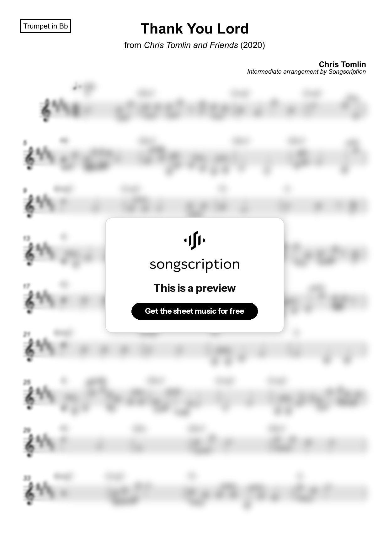 Intermediate Trumpet Sheet Music for "Thank You Lord" by Chris Tomlin