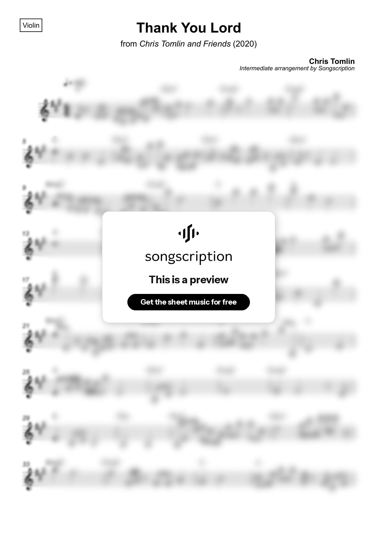 Intermediate Violin Sheet Music for "Thank You Lord" by Chris Tomlin