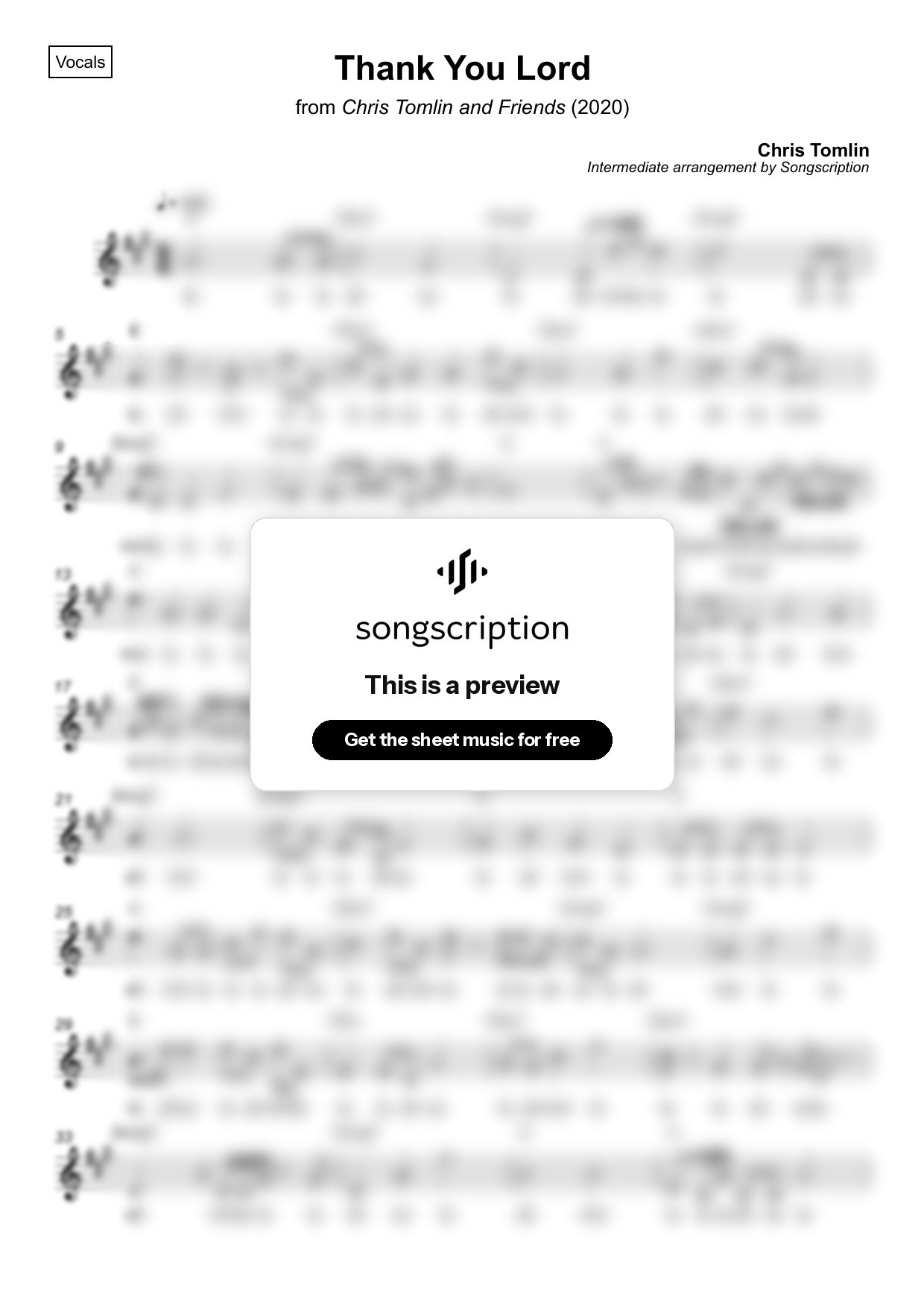 Intermediate Vocals Sheet Music for "Thank You Lord" by Chris Tomlin