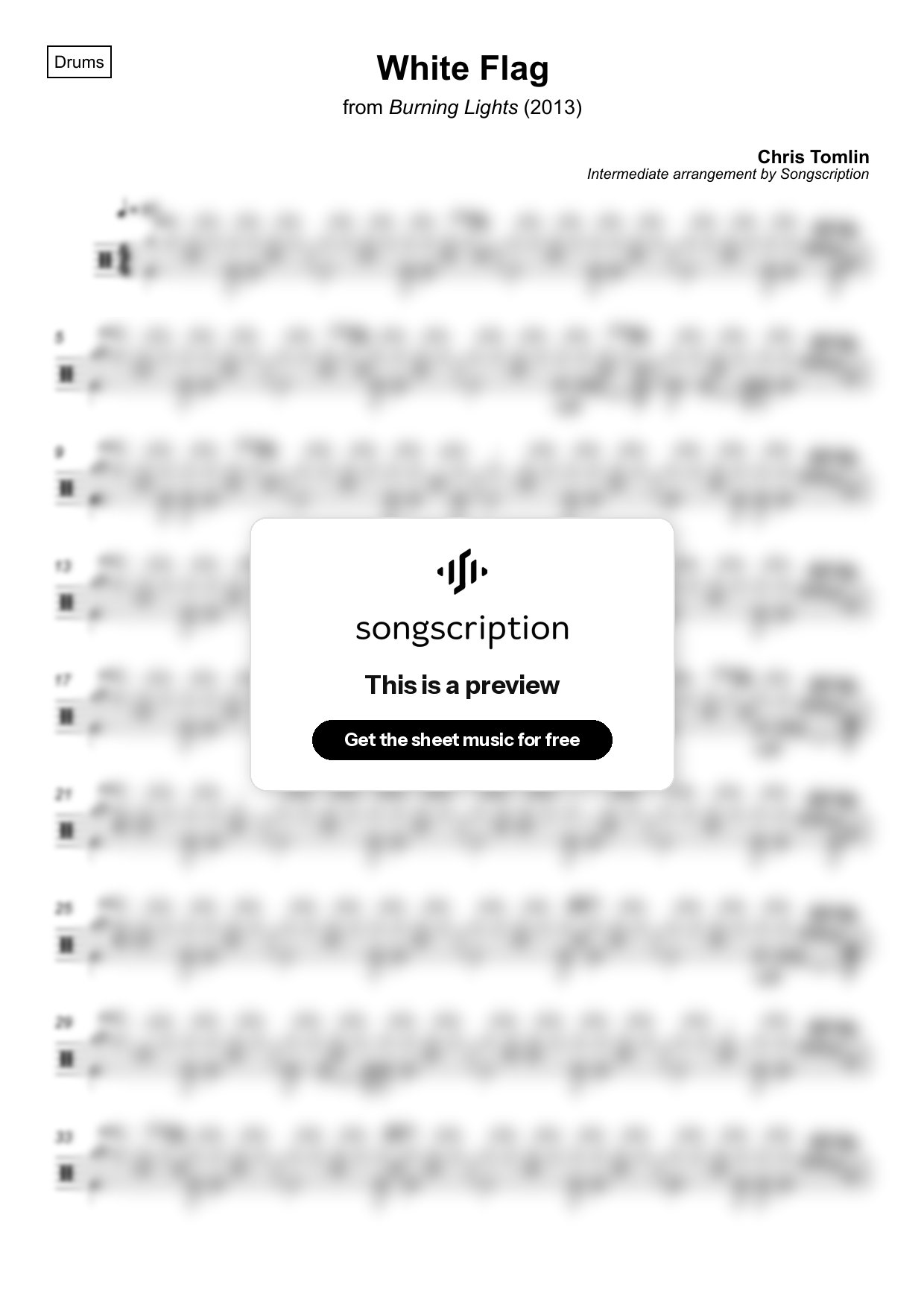 Intermediate Drums Sheet Music for "White Flag" by Chris Tomlin