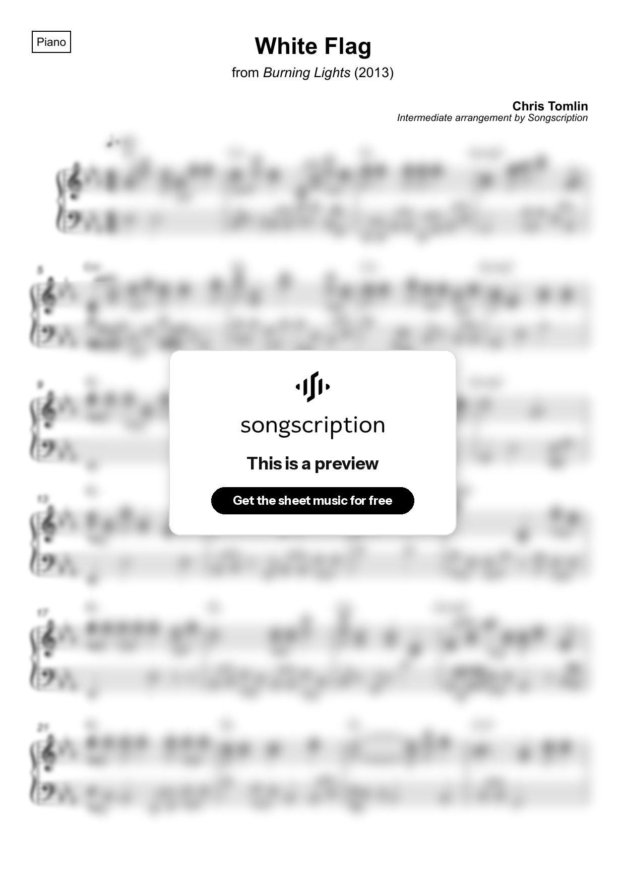 Intermediate Piano Sheet Music for "White Flag" by Chris Tomlin