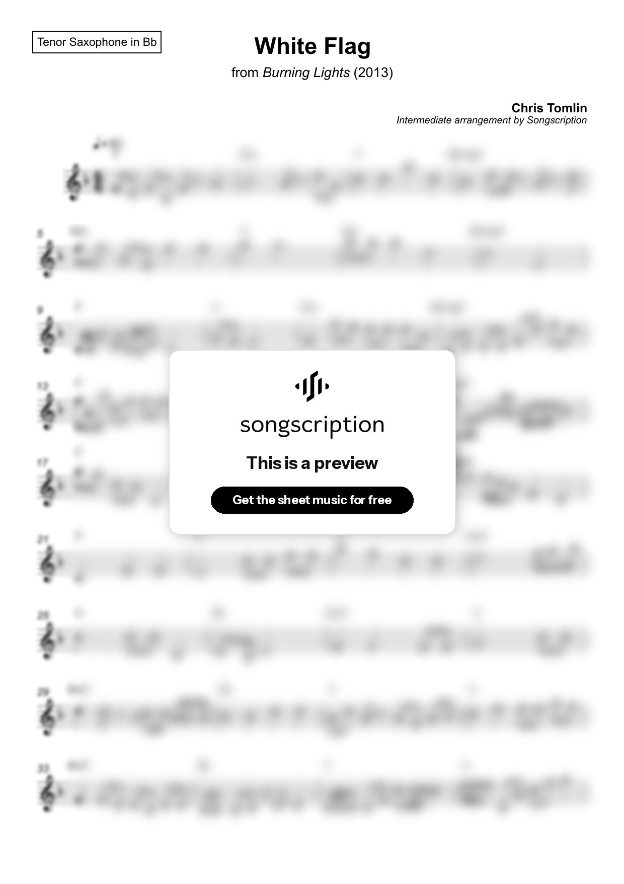 Intermediate Tenor Sax Sheet Music for "White Flag" by Chris Tomlin