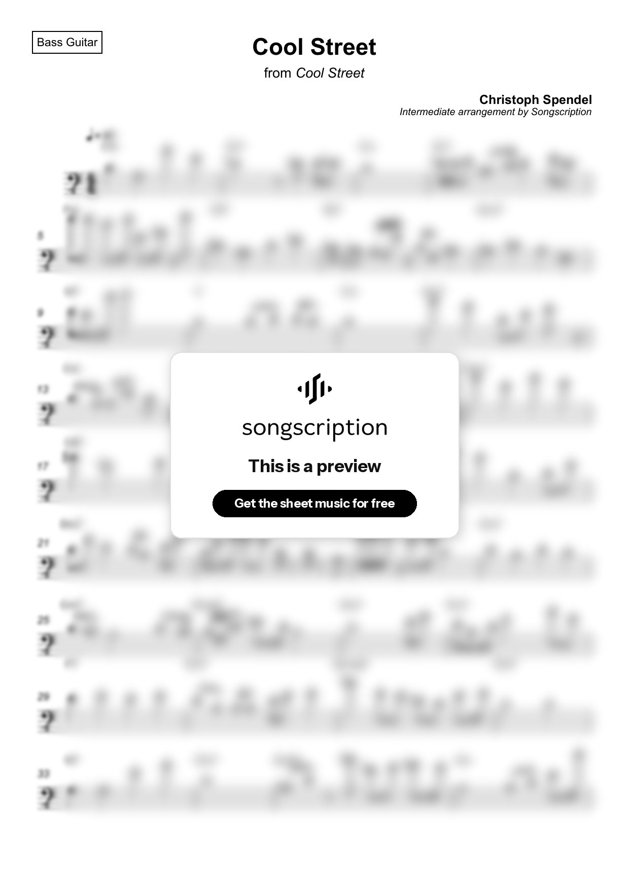 Intermediate Bass Guitar Sheet Music for "Cool Street" by Christoph Spendel