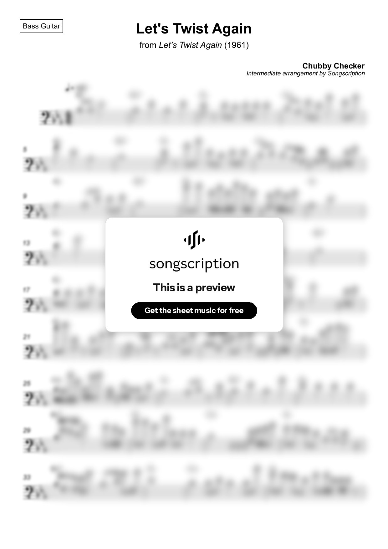Intermediate Bass Guitar Sheet Music for "Let's Twist Again" by Chubby Checker