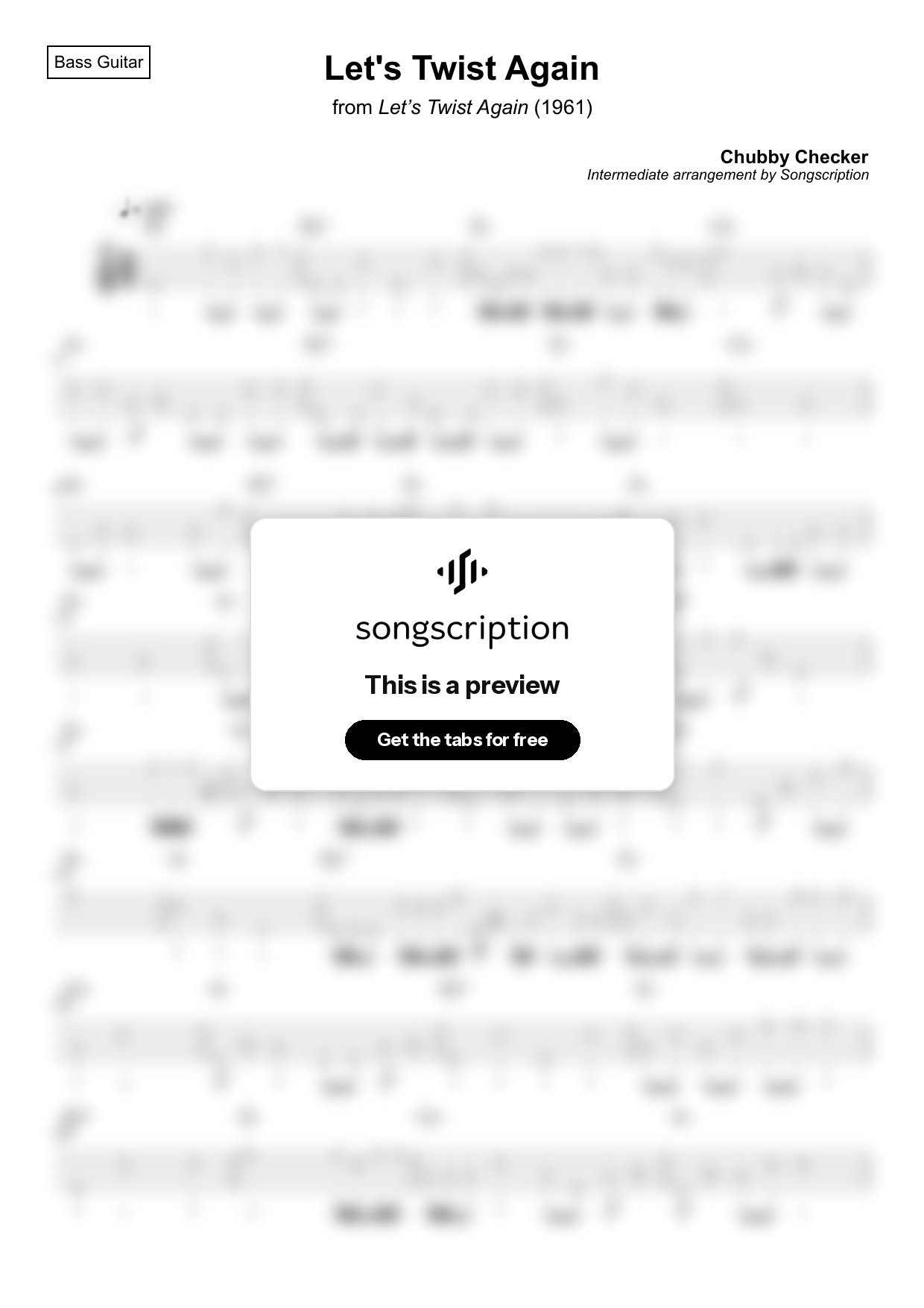 Intermediate Bass Guitar Tabs for "Let's Twist Again" by Chubby Checker