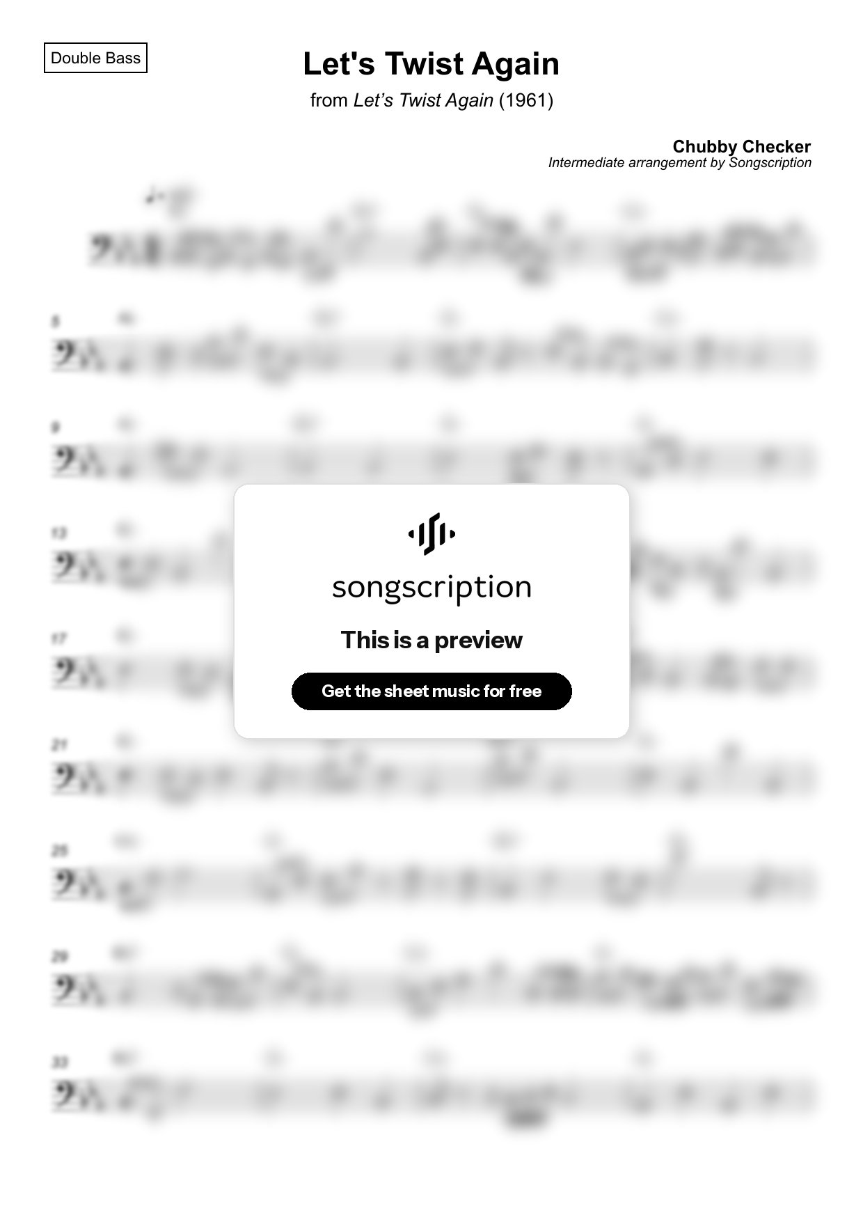 Intermediate Double Bass Sheet Music for "Let's Twist Again" by Chubby Checker