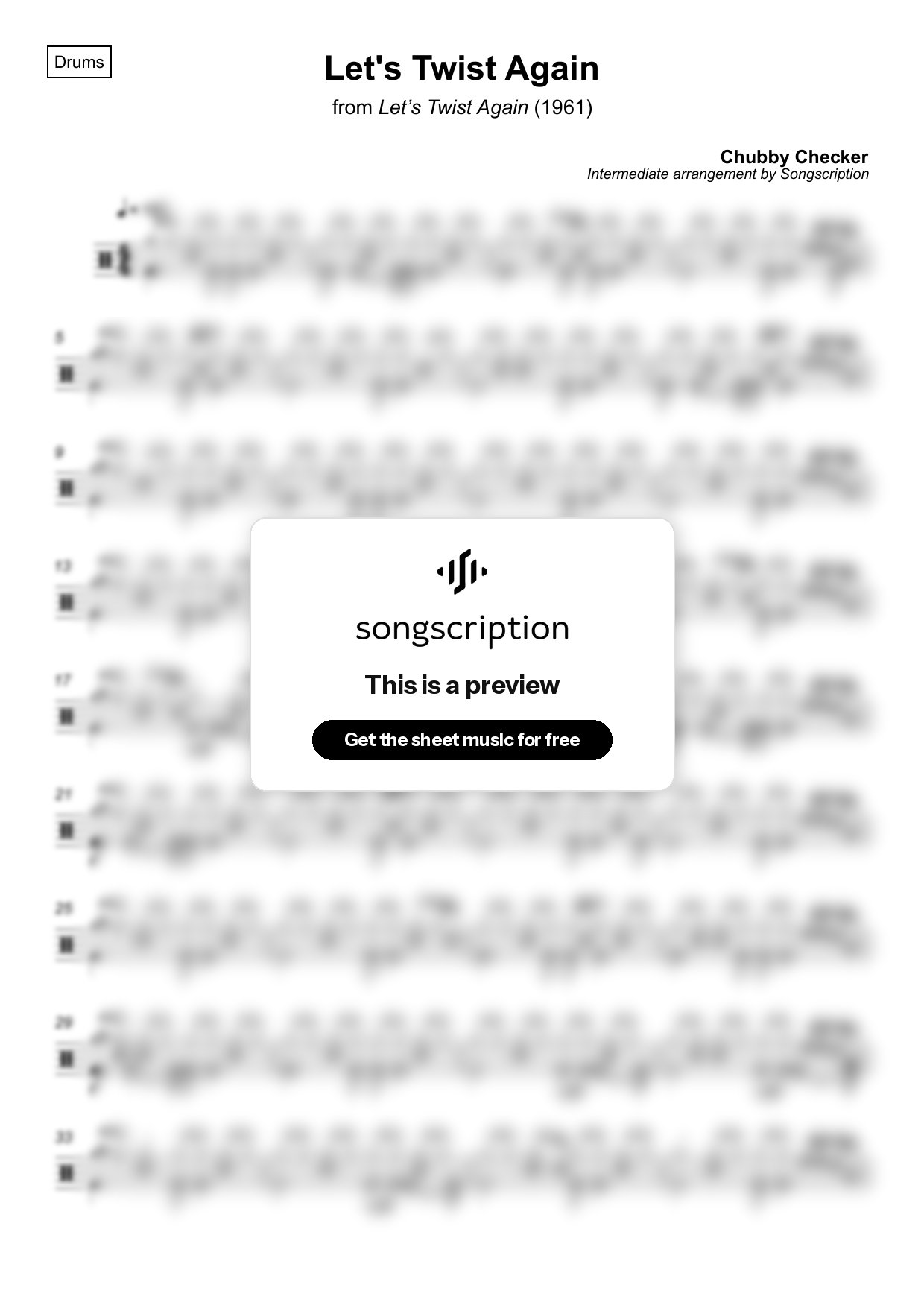 Intermediate Drums Sheet Music for "Let's Twist Again" by Chubby Checker