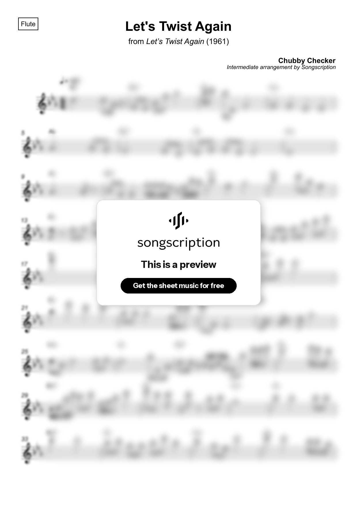 Intermediate Flute Sheet Music for "Let's Twist Again" by Chubby Checker
