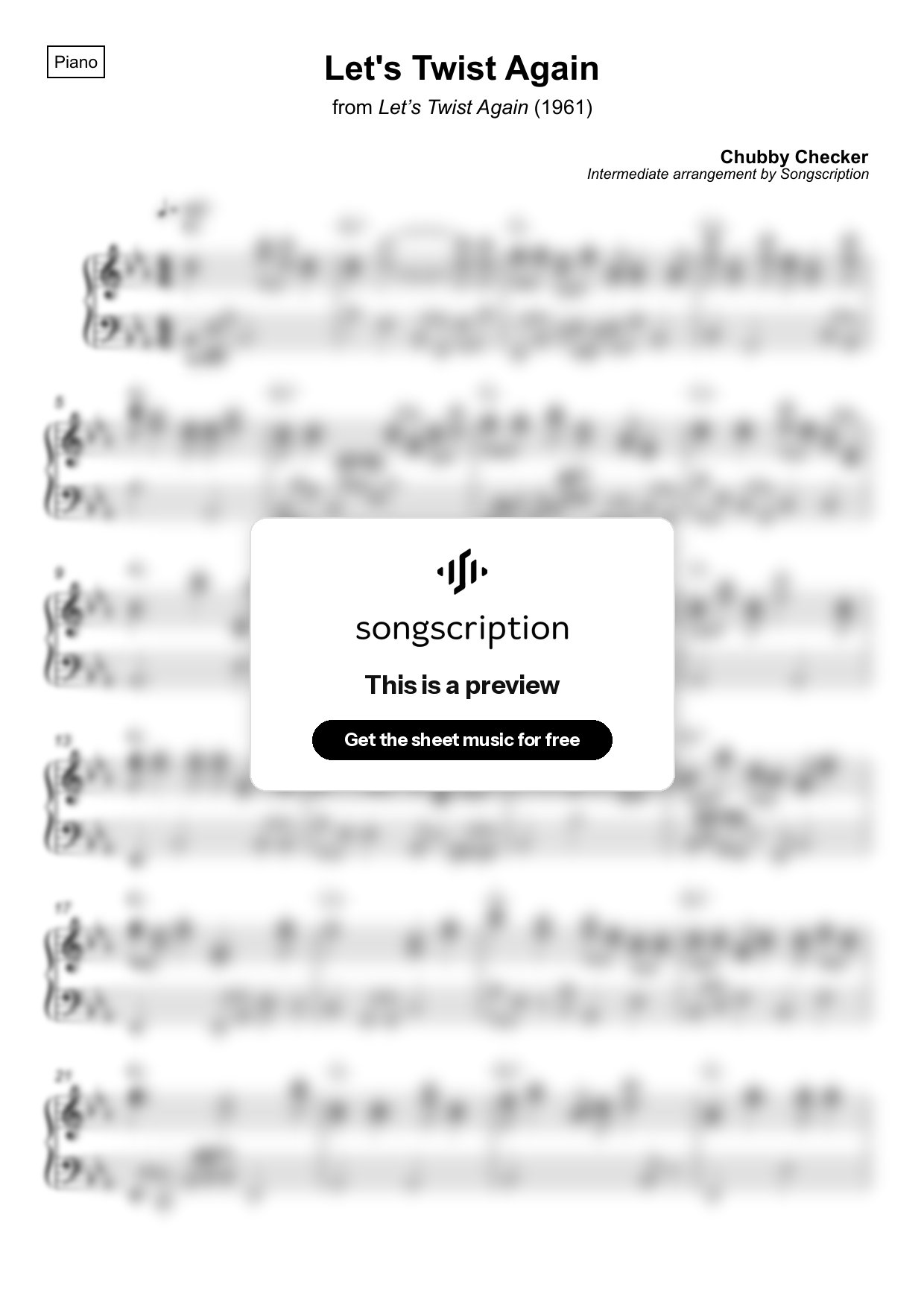 Intermediate Piano Sheet Music for "Let's Twist Again" by Chubby Checker