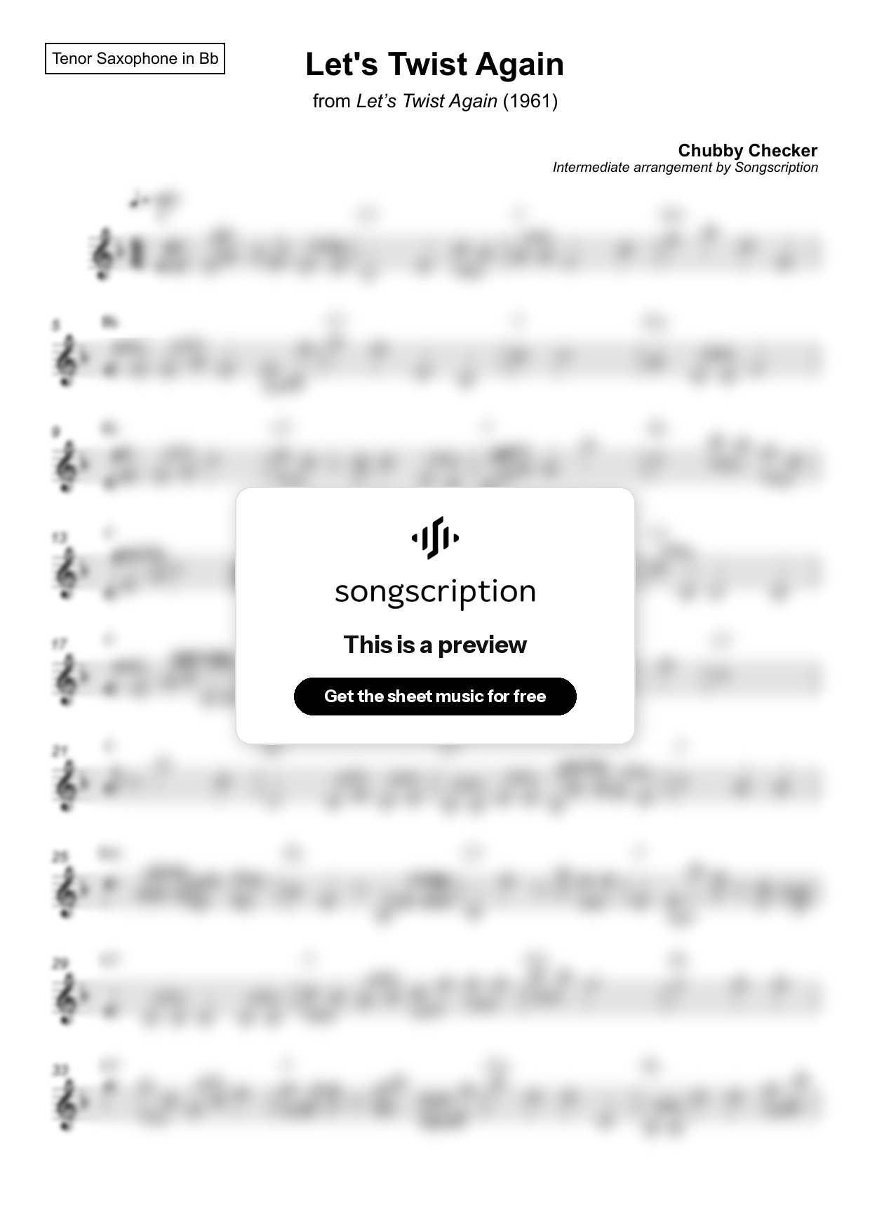 Intermediate Tenor Sax Sheet Music for "Let's Twist Again" by Chubby Checker