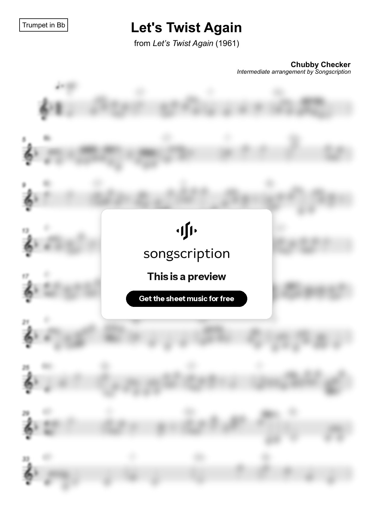 Intermediate Trumpet Sheet Music for "Let's Twist Again" by Chubby Checker