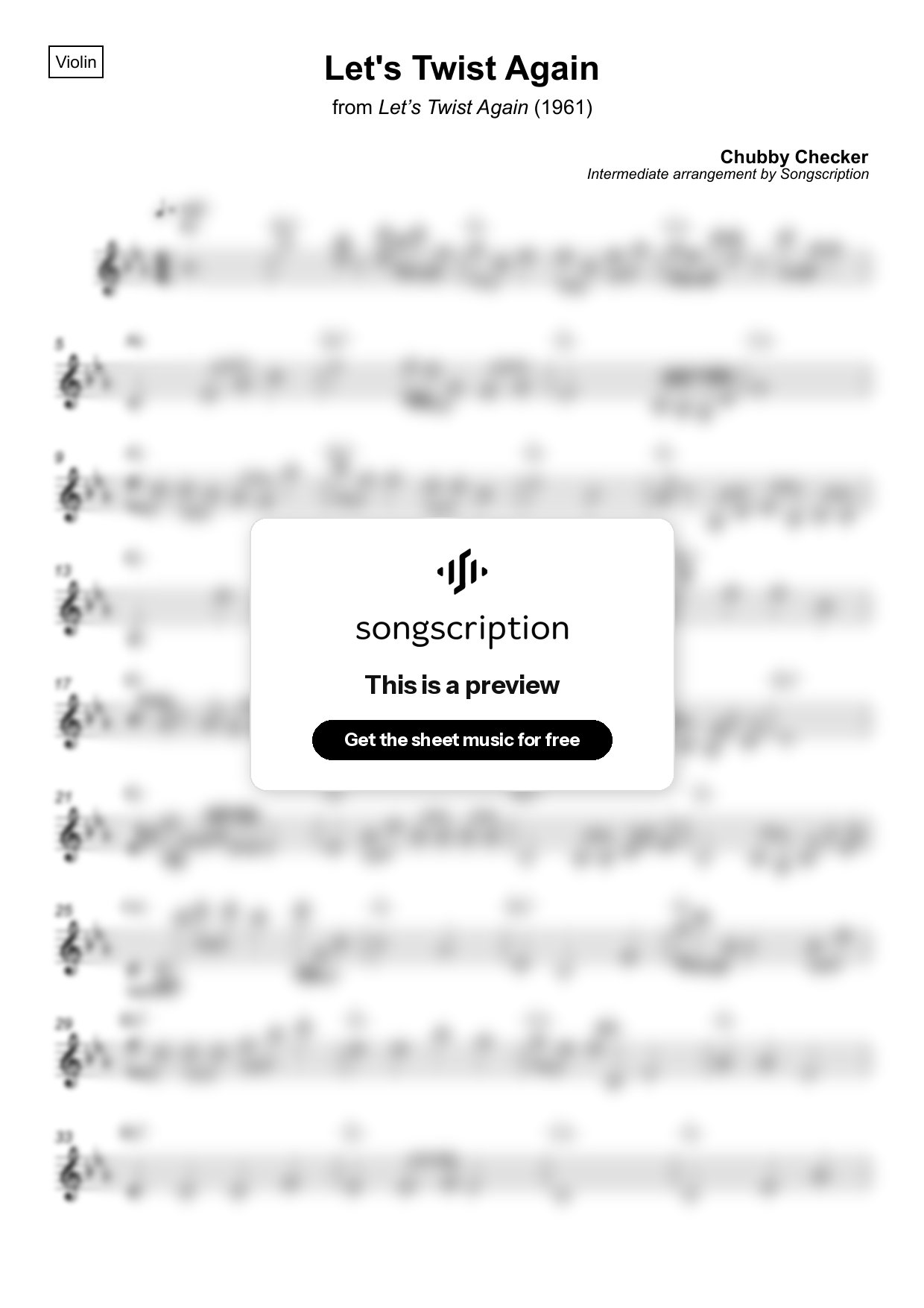 Intermediate Violin Sheet Music for "Let's Twist Again" by Chubby Checker