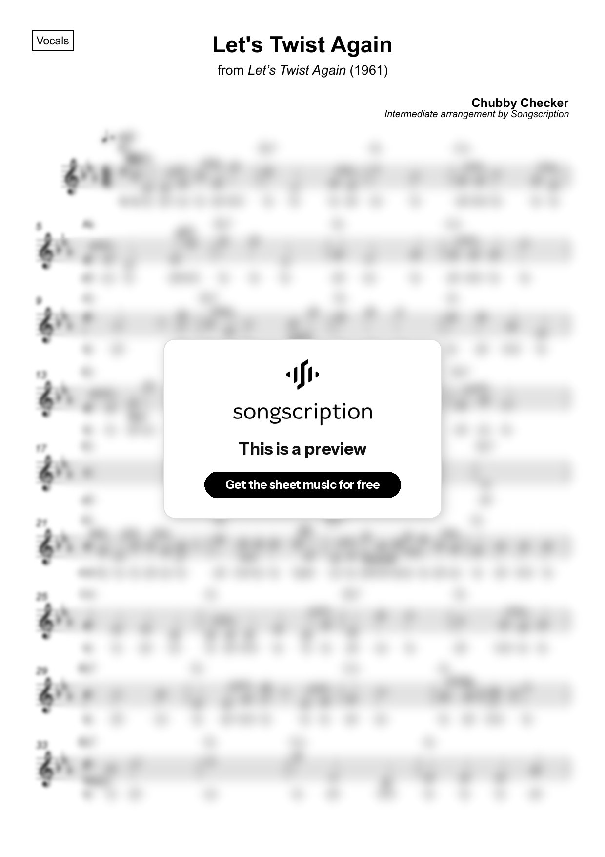 Intermediate Vocals Sheet Music for "Let's Twist Again" by Chubby Checker