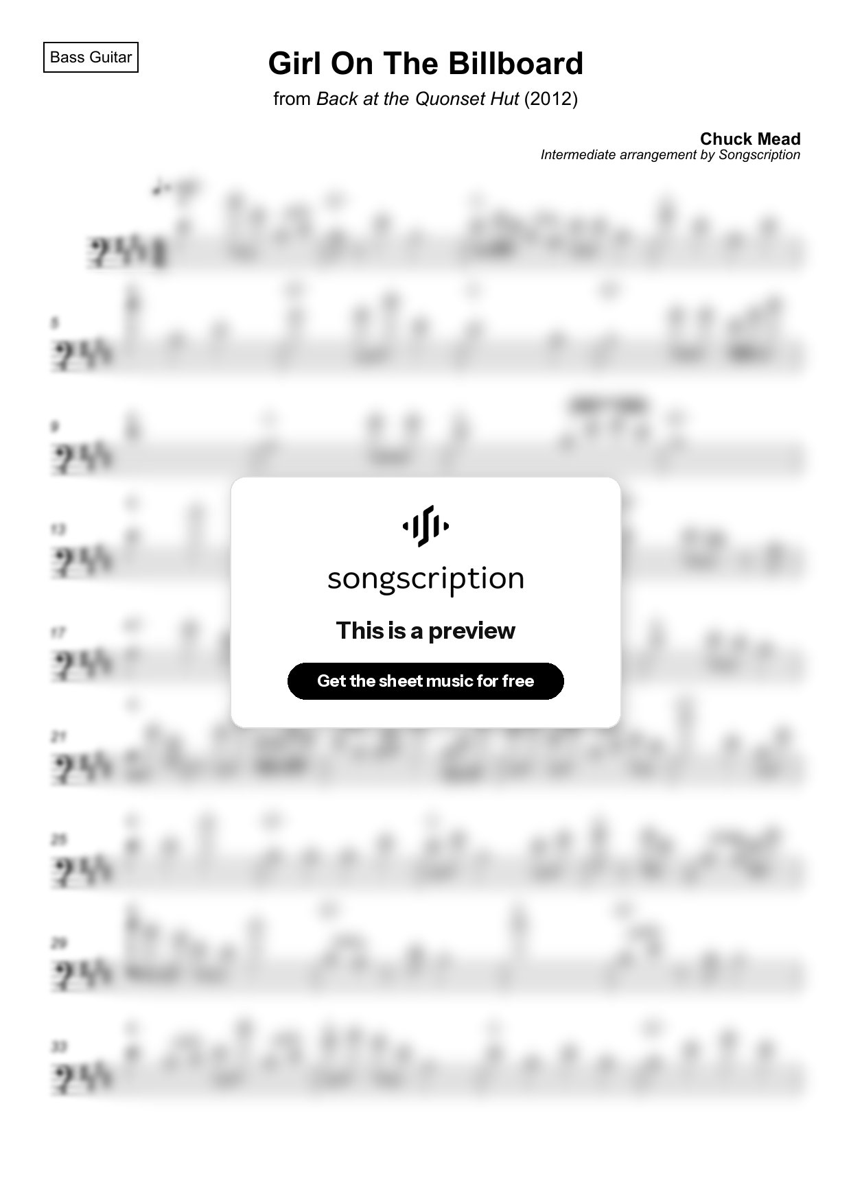 Intermediate Bass Guitar Sheet Music for "Girl On The Billboard" by Chuck Mead