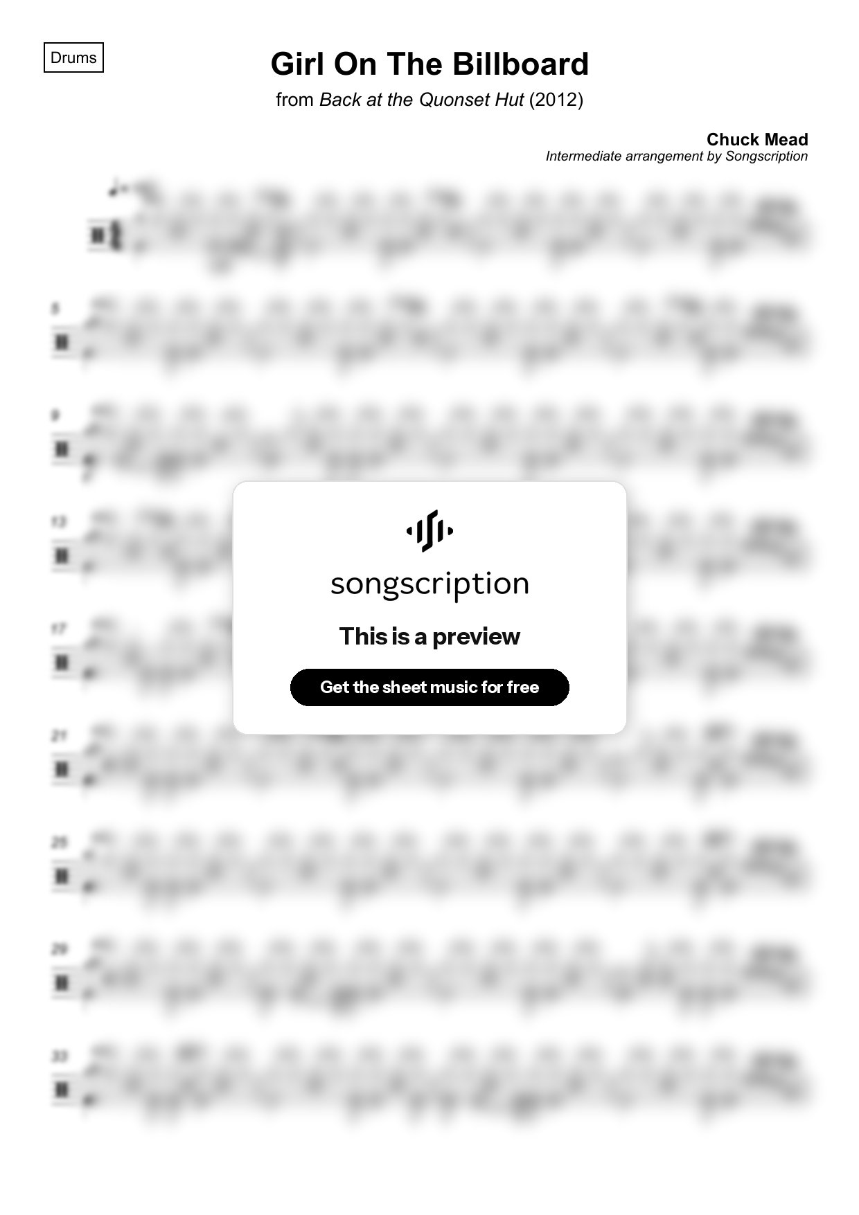 Intermediate Drums Sheet Music for "Girl On The Billboard" by Chuck Mead