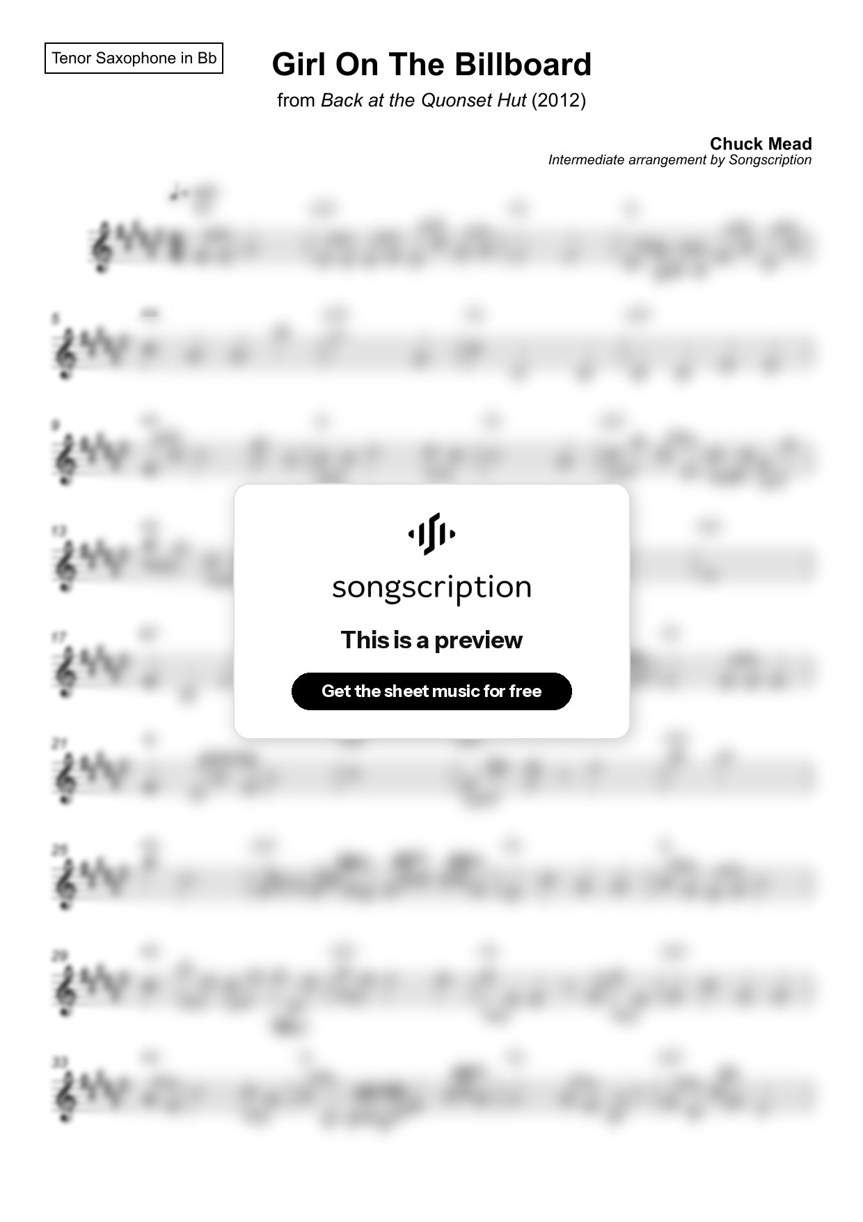 Intermediate Tenor Sax Sheet Music for "Girl On The Billboard" by Chuck Mead