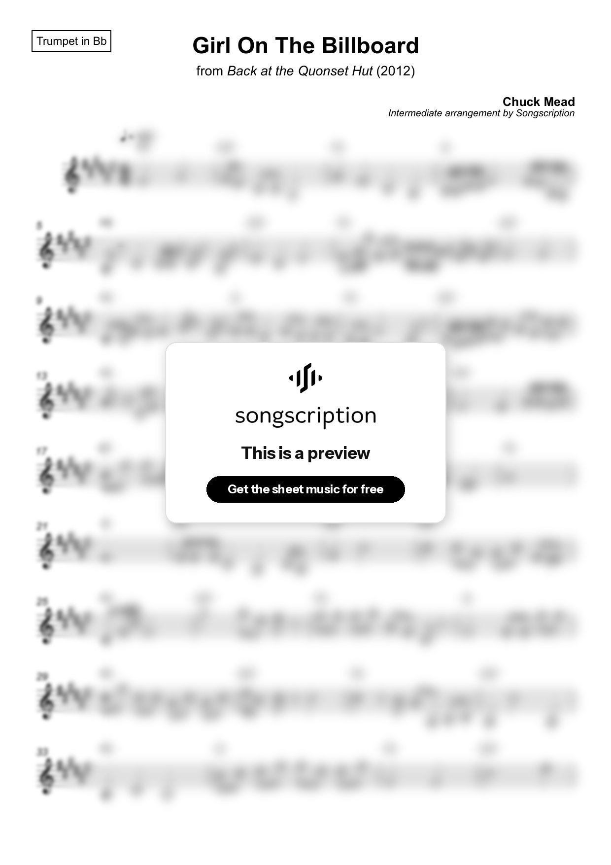 Intermediate Trumpet Sheet Music for "Girl On The Billboard" by Chuck Mead
