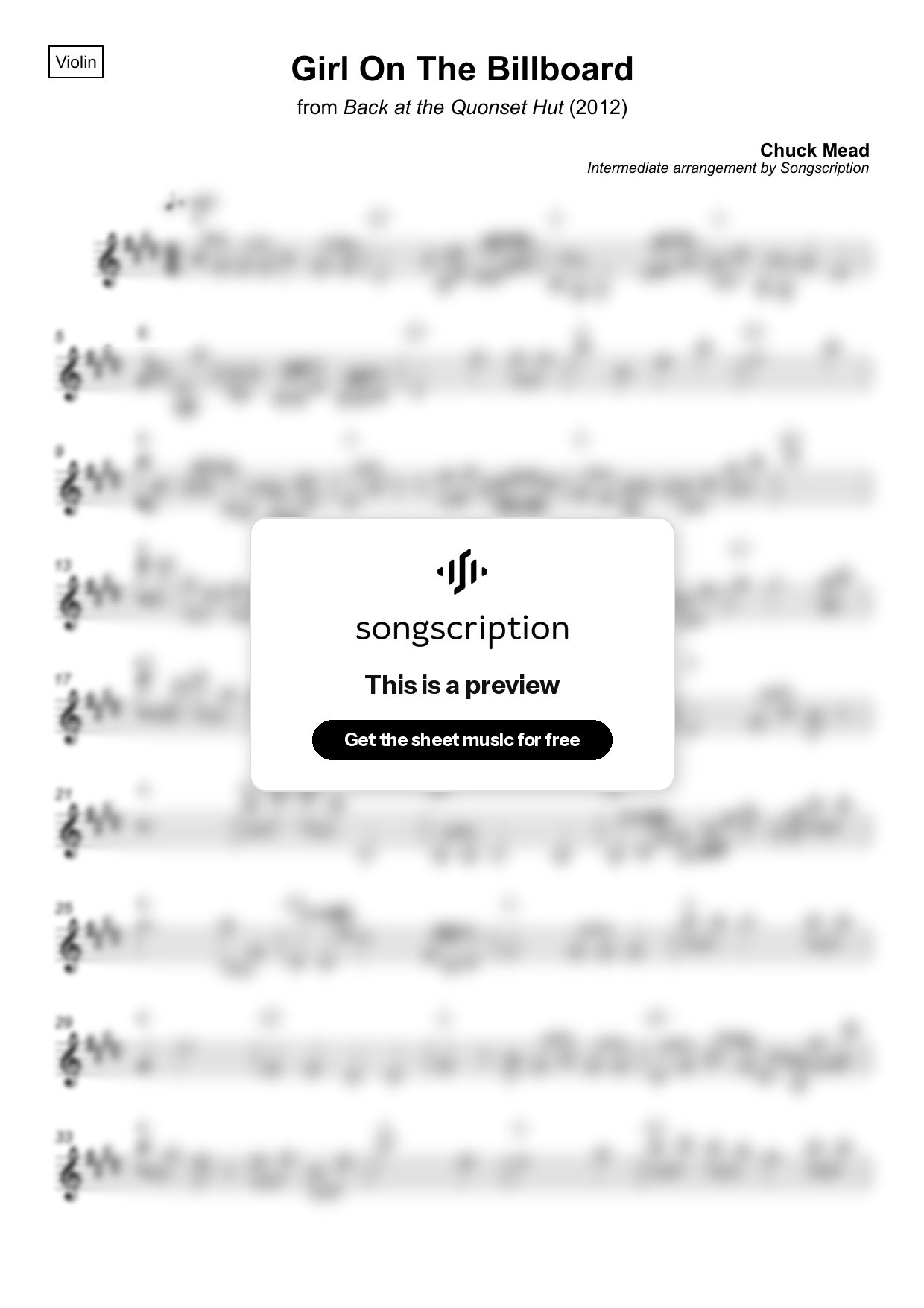 Intermediate Violin Sheet Music for "Girl On The Billboard" by Chuck Mead