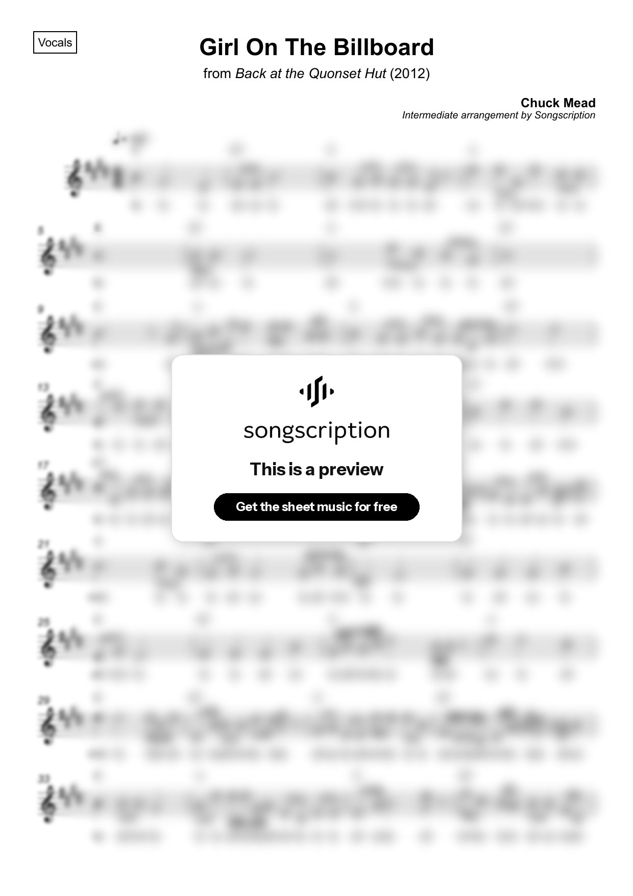 Intermediate Vocals Sheet Music for "Girl On The Billboard" by Chuck Mead