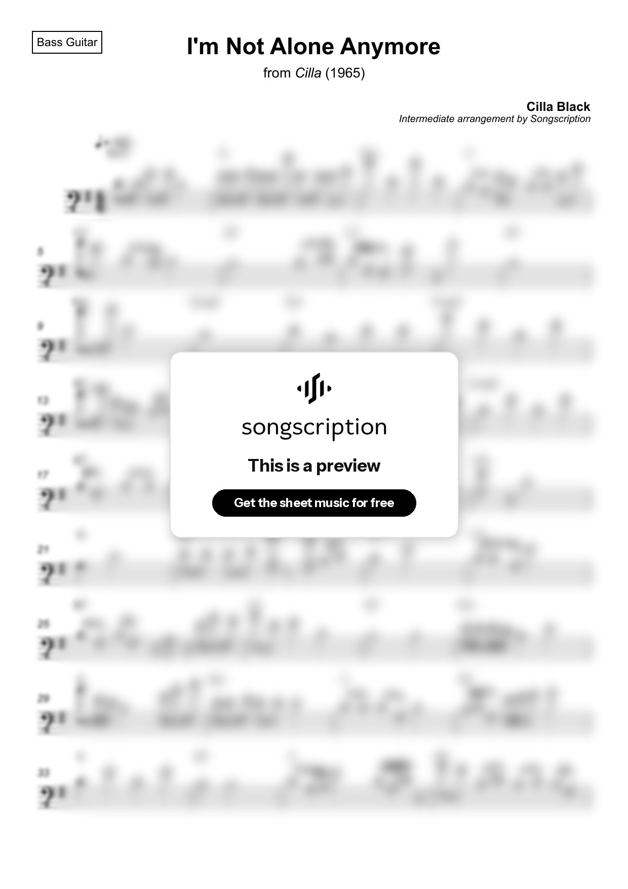 Intermediate Bass Guitar Sheet Music for "I'm Not Alone Anymore" by Cilla Black