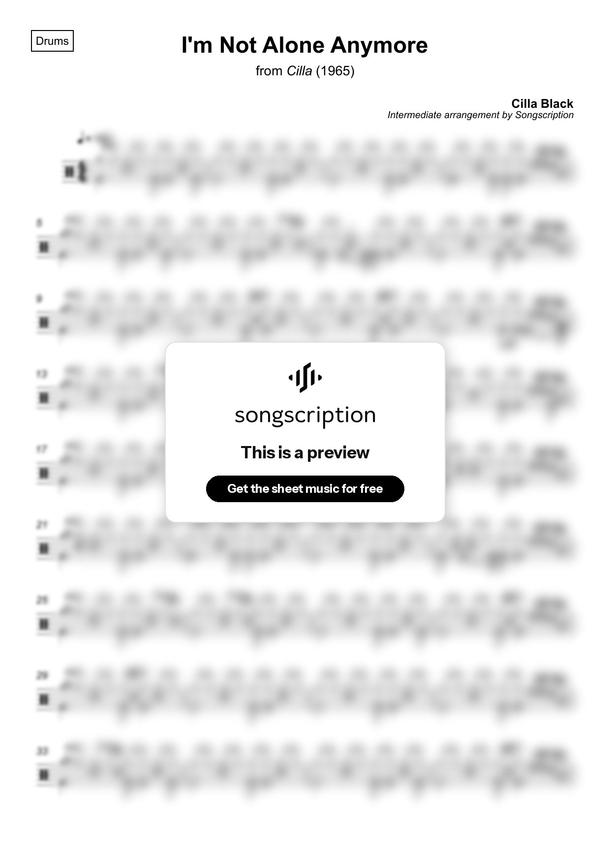 Intermediate Drums Sheet Music for "I'm Not Alone Anymore" by Cilla Black
